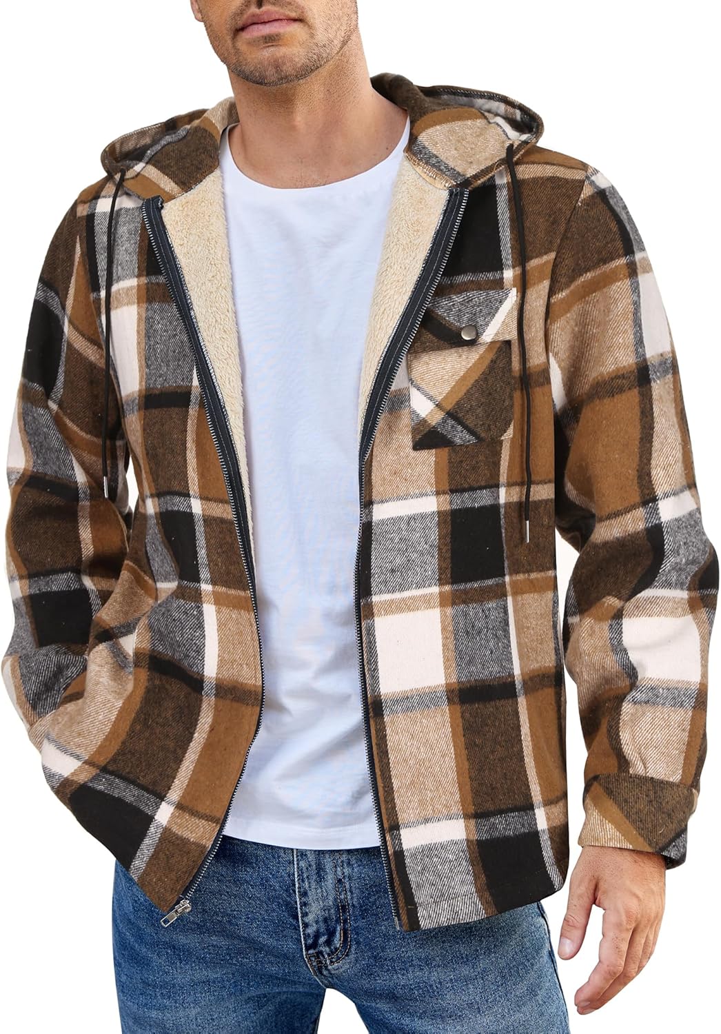 COOFANDY Men Flannel Zip Up Hoodie Fleece Lined Flannel Shirt Jacket Brown Sherpa Zipper Jacket Plaid Winter Jacket