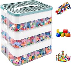 JMIATRY Plastic Storage Box for Lego 30.5 x 23 x 12.5 cm, 3 Layers Storage Box for Lego with Transparent Lid Compartment