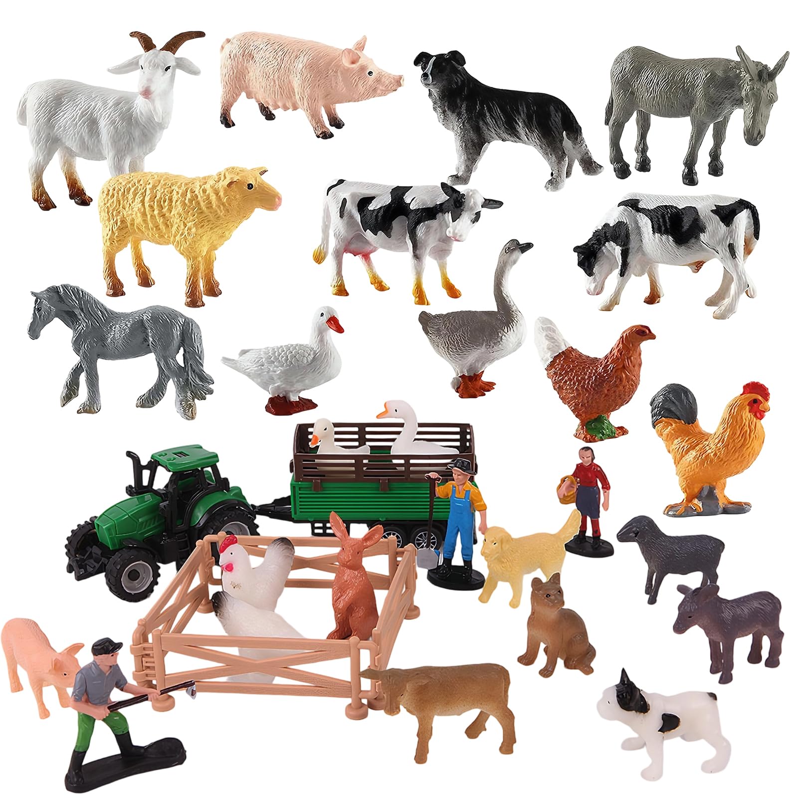 Uoxmiy 32pcs Farm Animals Plastic Realistic Mini Toys Set including Tractor Trailer Vehicle Toy Assembly Fence Farmhouse Barn Playset Farm Animals for 2+ Year Qlds