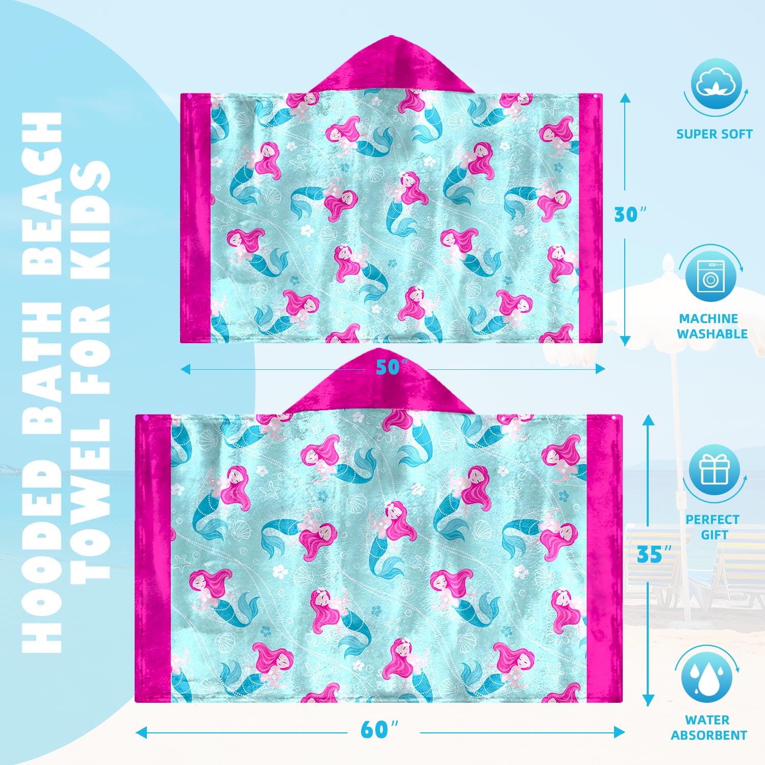 Meerjungfrau Mädchen Strandtuch mit Kapuze für Kinder Kleinkinder Alter 4-8 Jahre Rosa Blau Badetücher Duschtuch für Mädchen Kapuzenponcho Stranddecke für Pool Schwimmen Niedliches tragbares