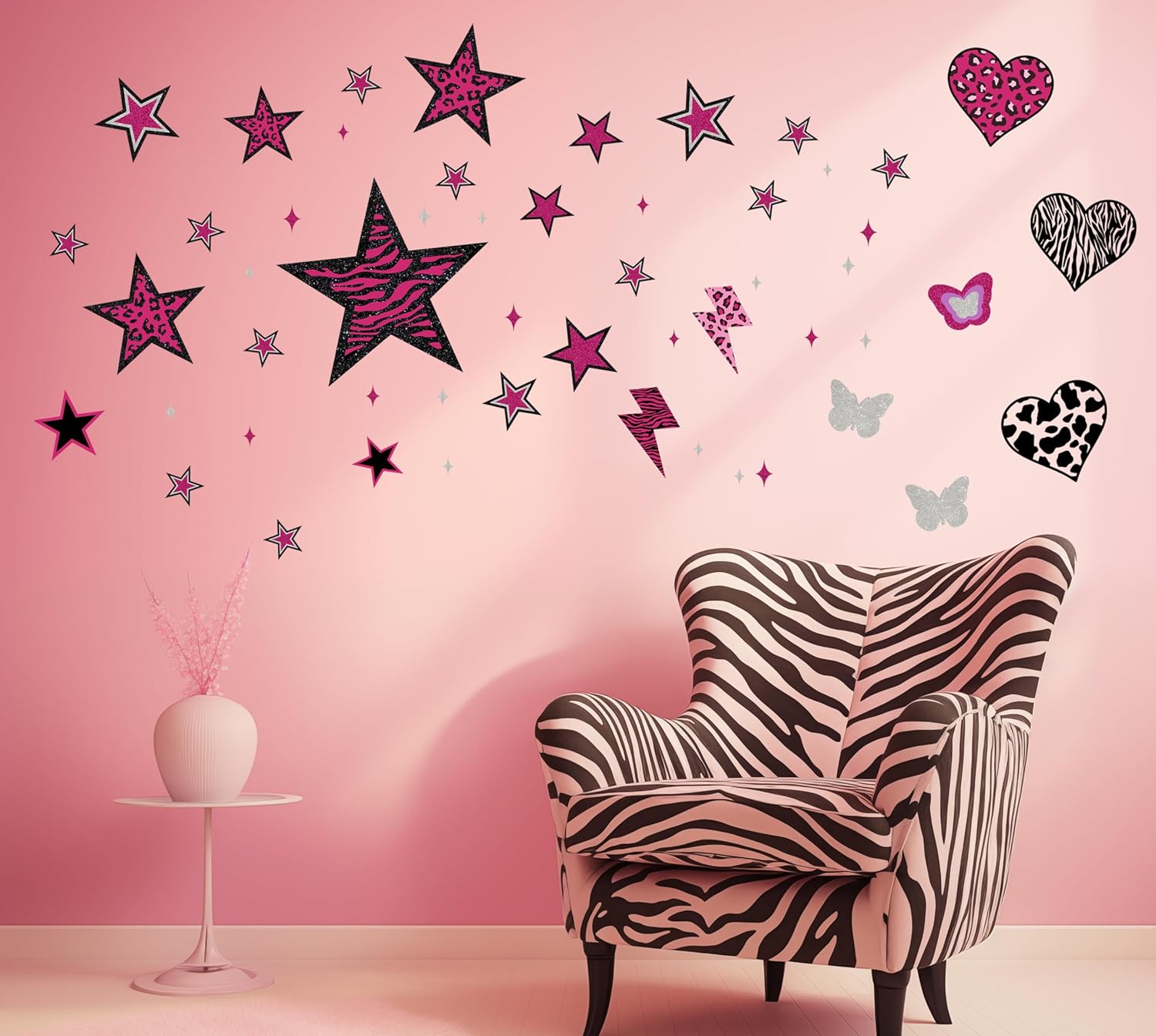 TwoDays 100PCS Y2K Room Decor Aesthetic Wall Decal, 2000s Mcbling Vinyl Peel and Stick Stickers for College Teen Girls Bedroom, Pink Stars Trashy Y2k Decorations for Women Apartment.