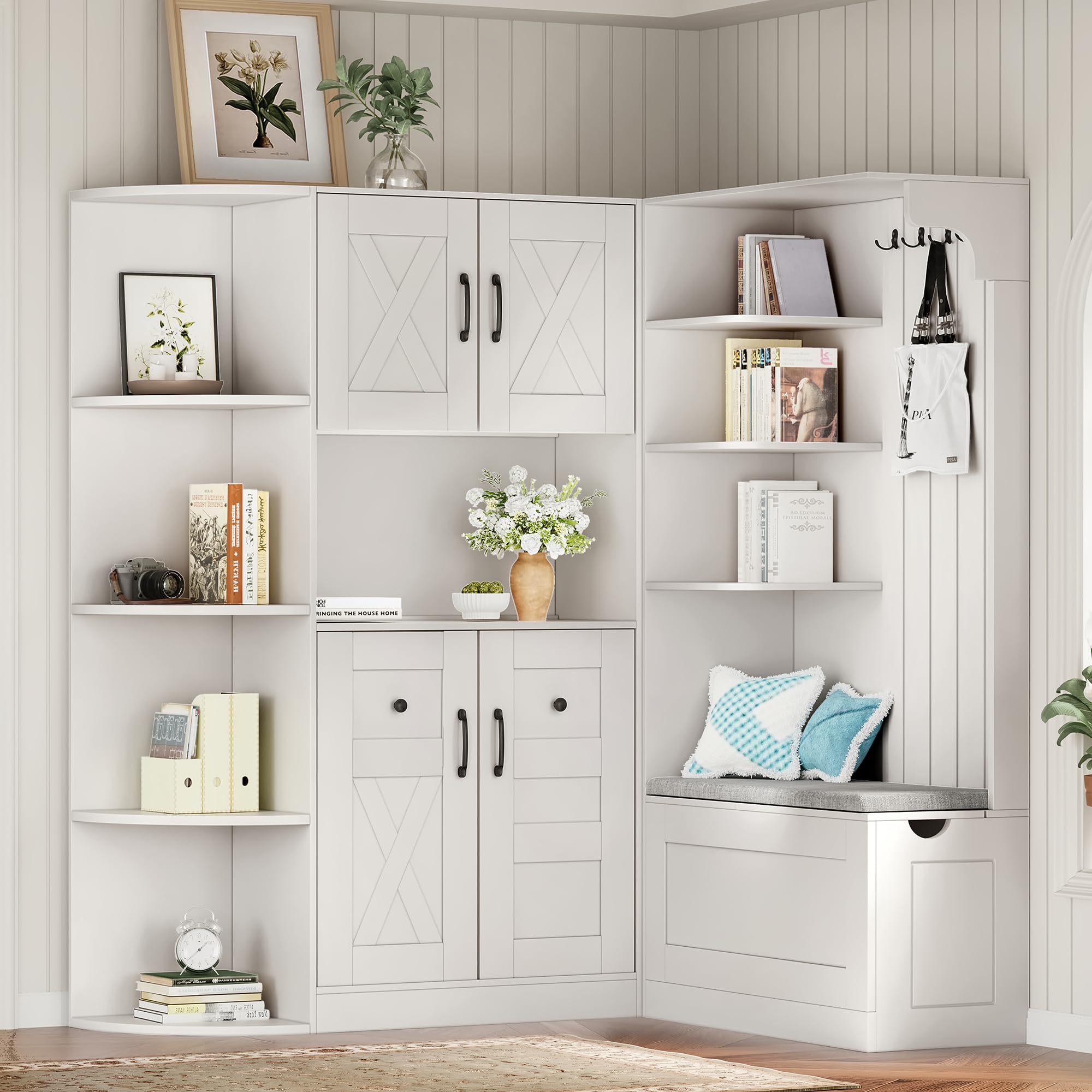 Photo 1 of ***partial set***KEIKI Combination Hall Cabinet, 2-in-1 Hall Tree with Bench and Shoe Storage, Entryway Hutch with Coat Rack, Mudroom Storage with 4 Hooks and Shelves, L-Shape or Separate Use, White