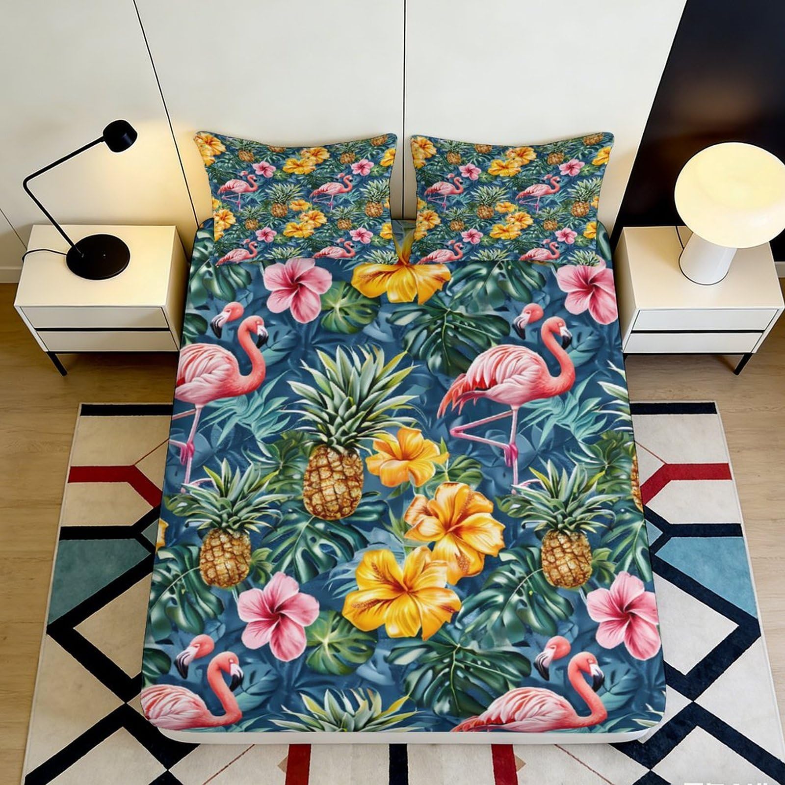 3D Printed Tropical Flamingo Fitted Sheet Microfiber Soft Breathable Pineapple Floral Bed Cover for Bedroom Dormitory Guest Room Mattress Protection Decor 180x200x25cm