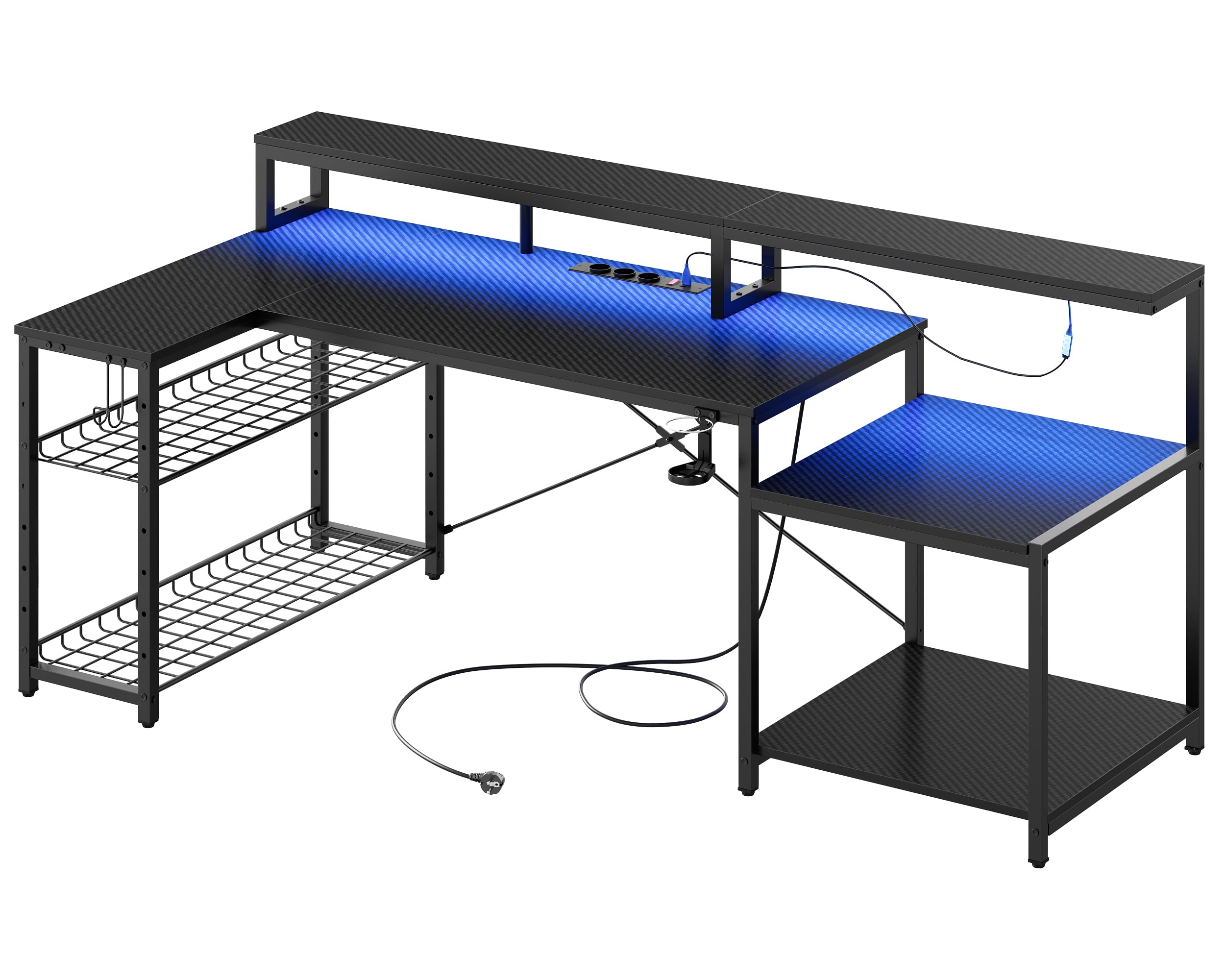 Bestier Tavolo da gioco 181 cm, scrivania da gioco con luci a LED, tavolo da gioco per PC con 3 prese CA e 2 porte di ricarica USB, tavolo per computer con ampio ripiano per monitor