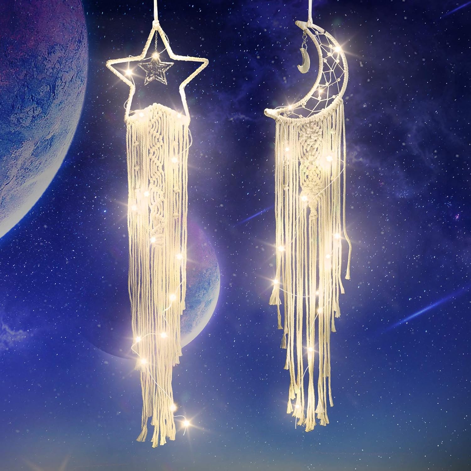 Color You Dream Catcher 2 Pcs Moon Star Dream Catcher Wall Decor LED String Light Big Dream Catcher Handmade Boho Dream Catcher Wall Hanging Dream Catcher for Women, Man and Kids