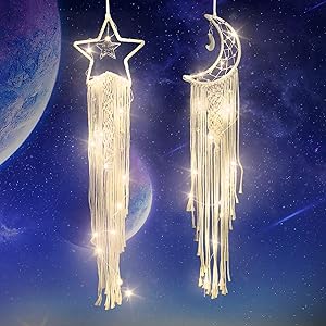 Color You Dream Catcher 2 Pcs Moon Star Dream Catcher Wall Decor LED String Light Big Dream Catcher Handmade Boho Dream Catcher Wall Hanging Dream Catcher for Women, Man and Kids