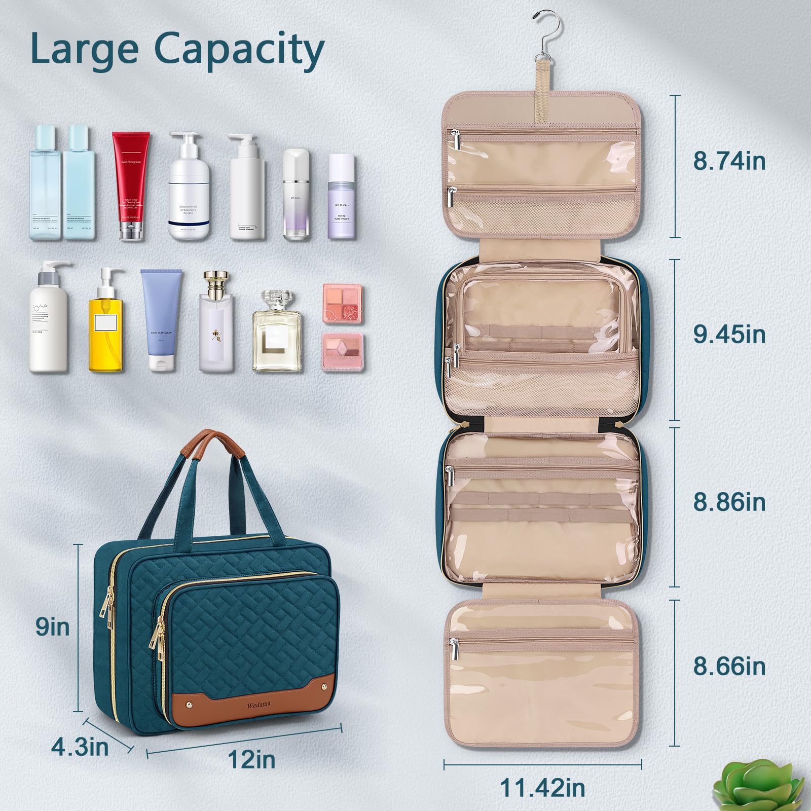 Wedama Neceser para mujer, bolsa de aseo colgante de viaje con compartimento organizador de joyas, bolsa de maquillaje, bolsa de maquillaje impermeable, bolsa de viaje para cosméticos, viajes, camping