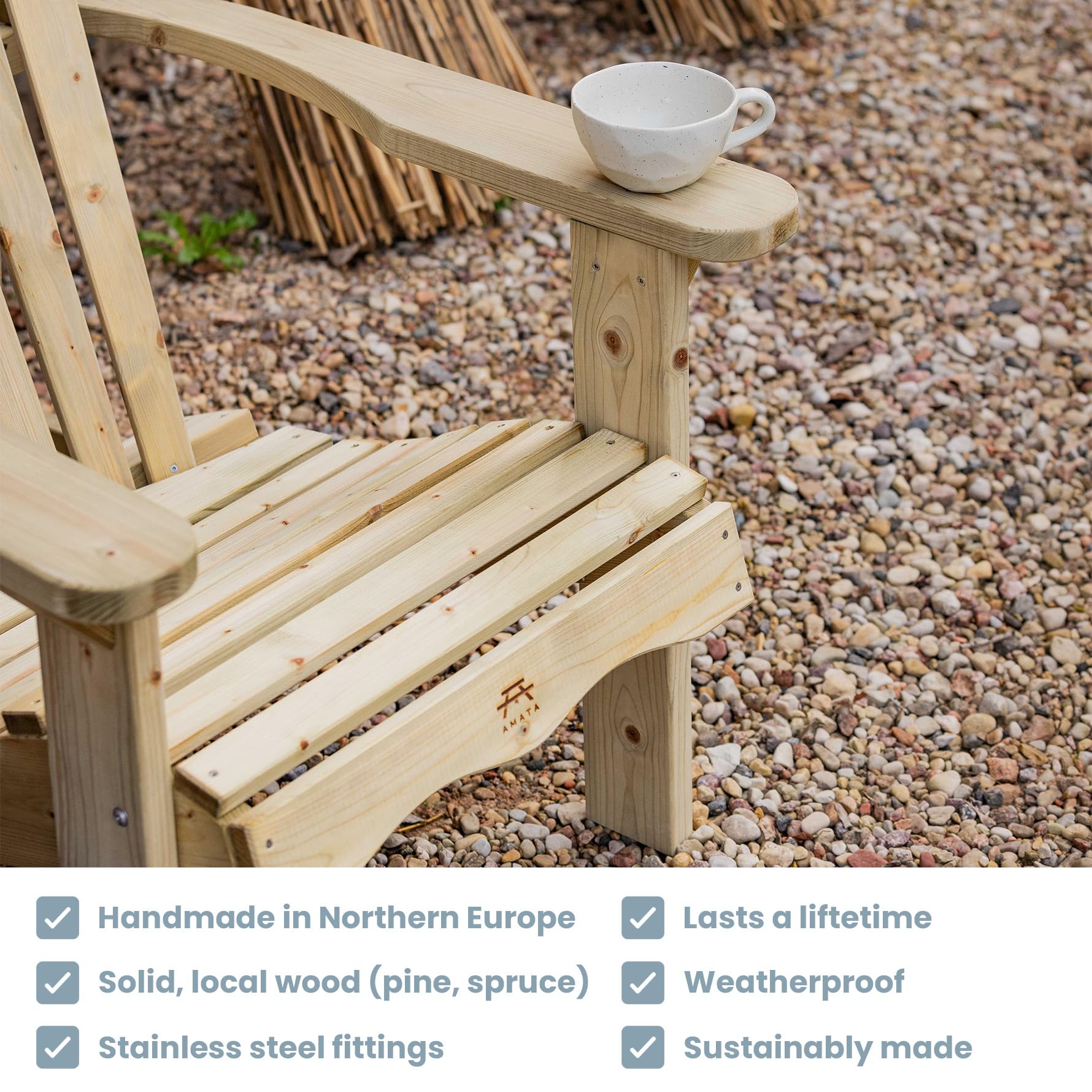 AMATA Silla Adirondack individual para exteriores, colección UNGURS, silla de madera resistente a la intemperie para patio, patio trasero y hogueras de jardín, ergonómica y duradera, diseño atemporal