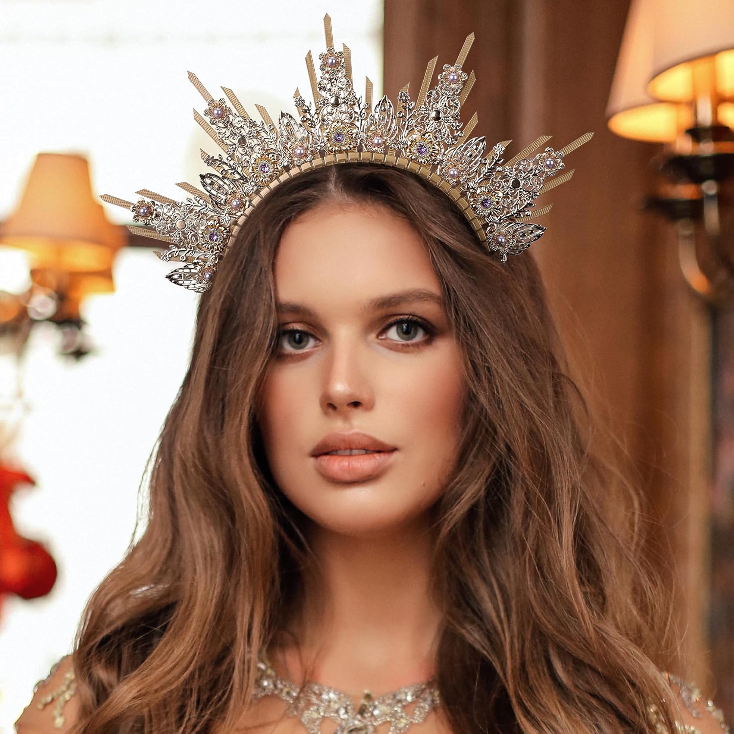 Gold Sun Halo Crown - Sunburst Spiked Headband Renfaire Fantasy Headpiece with Purple Pearl, Virgin Mary Goddess Headwear for Women Wedding Photoshoot Halloween Cosplay Renaissance Costume - Image 3