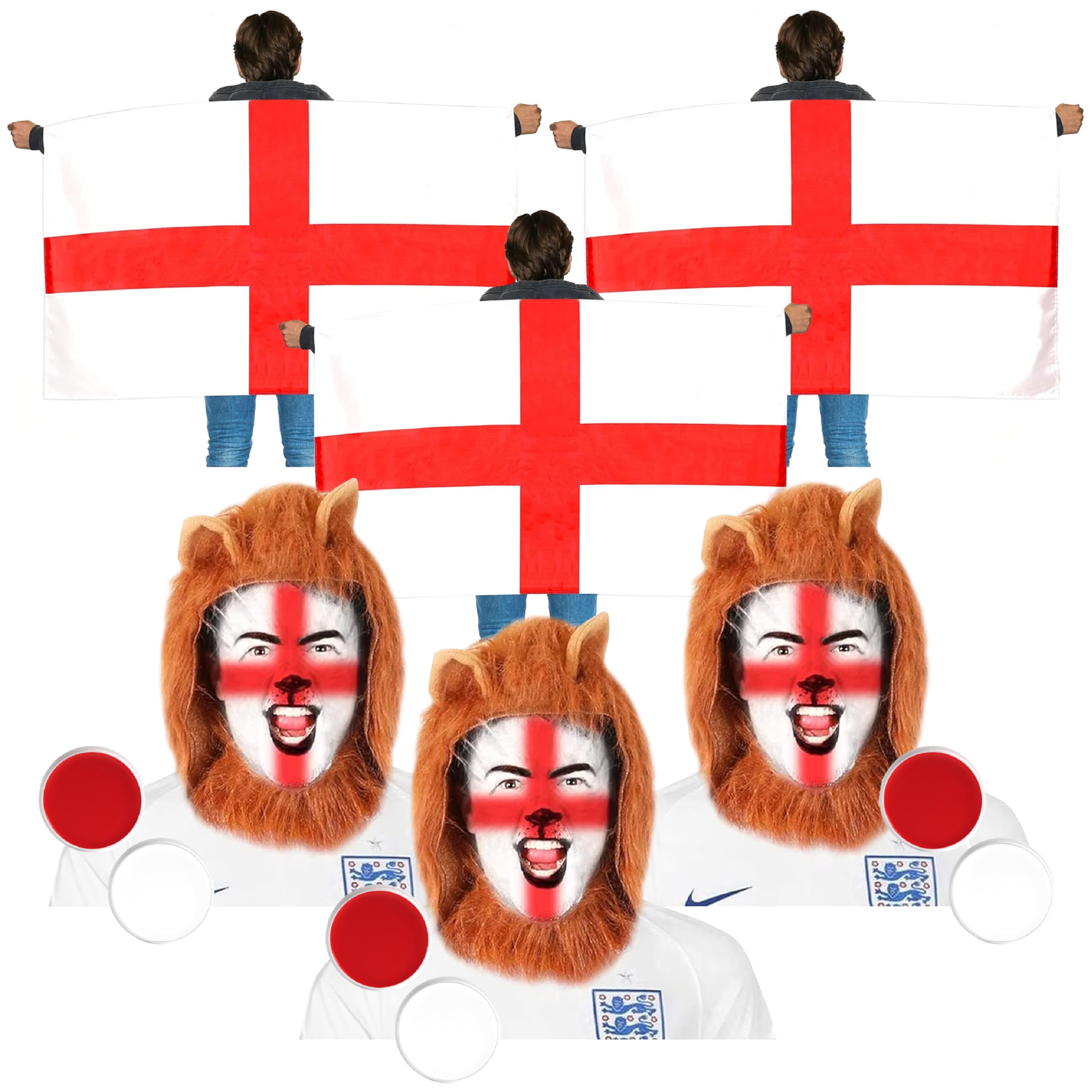 Löwenmütze England – Fußball-Fan-Kostüm, Mit St. George-Flagge & 3 Löwen, Einheitsgröße, Ca. 58 Cm Kopfumfang