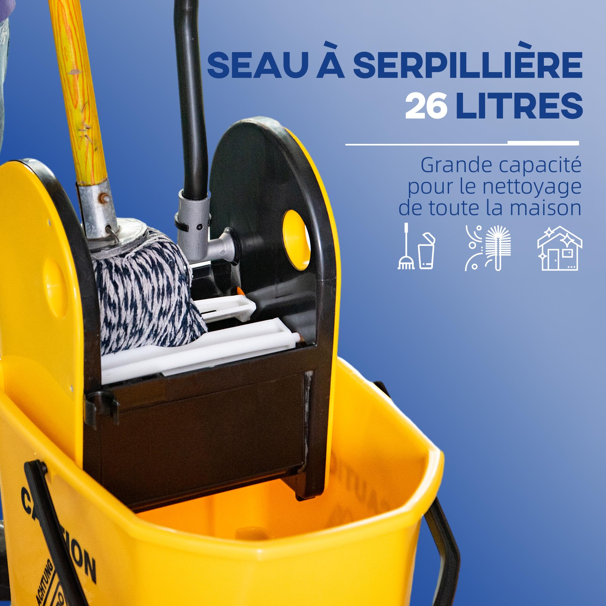 HOMCOM cleaning trolley mobile bucket cleaning bucket mop trolley with wringer 26 liters, yellow, 44 x 36 x 90 cm
