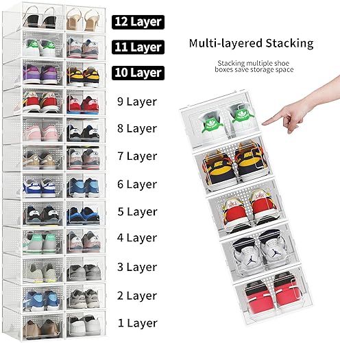 Miniatura 5 de Paquete de 12 cubos de almacenamiento organizadores de zapatos, cajas de zapatos apilables de plástico transparente para armario, contenedores de