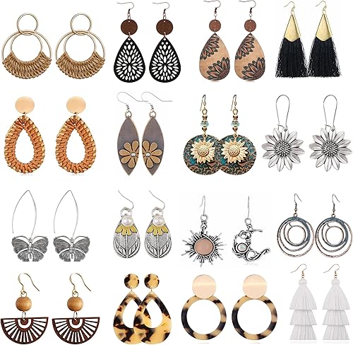 16 Pairs Trendy Statement Acrylic Rattan Earrings for Women-Fashion Summer Beach Vacation Boho Jewelry Set