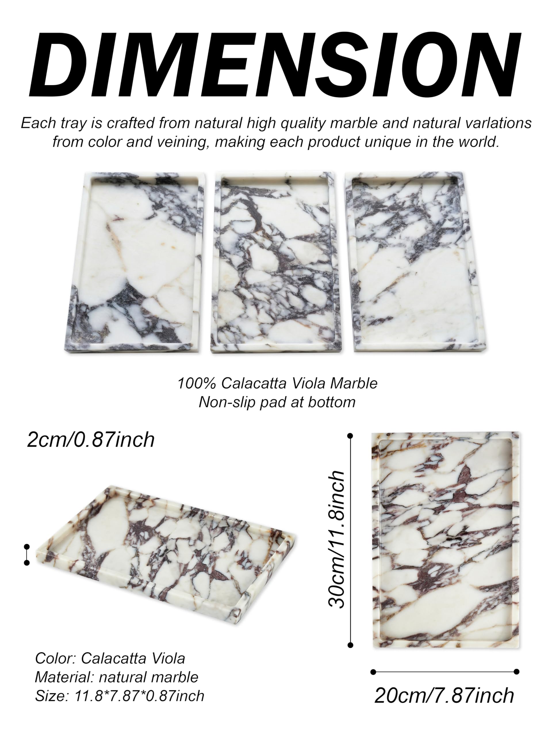 Denique Naturalna marmurowa taca na blat łazienkowy, taca do przechowywania kamienia do dekoracji wnętrz, 30 cm x 20 cm, prawdziwa calacatta altówka, marmurowa taca łazienkowa do komody kuchennej