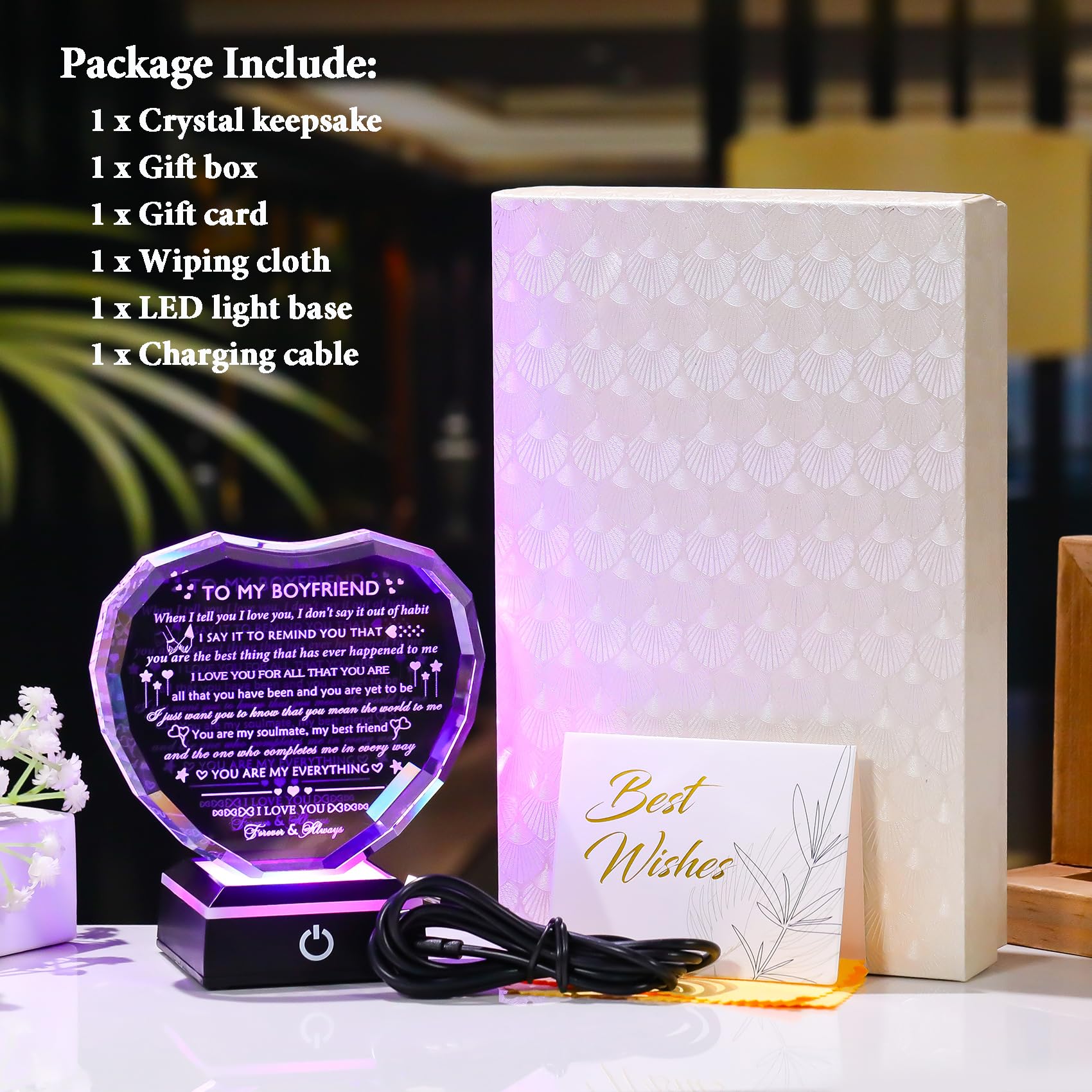 Arikyrist Regali romantici per fidanzato con base a LED per fidanzato, anniversario, compleanno, idee regalo da fidanzata cuore di cristallo al mio fidanzato I Love You regalo per lui per San