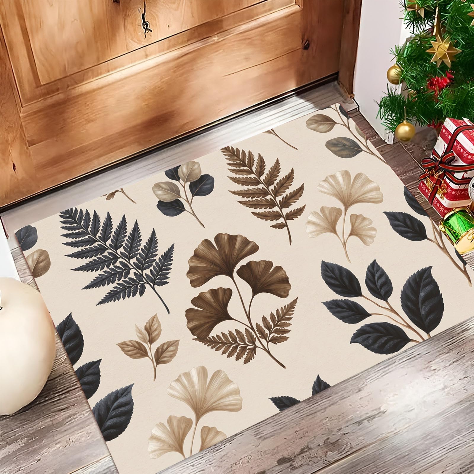 Böhmisches Blatt-Poster Fußmatte Innen Waschbar 90X150Cm, rutschfest Fußmatte, Dünn Schmutzfangmatte, Elegante Landpflanzen Eingangsteppich Mit Wasserabsorbierenden Für Hund, Beige
