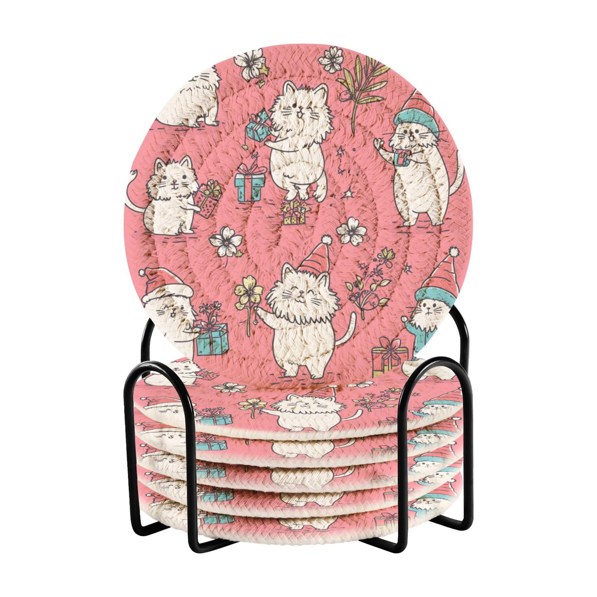 4th July Bohemian Cats Peach Cotton Rope Absorbant Coasters with Holder Set of 6 Aesthetic Coasters