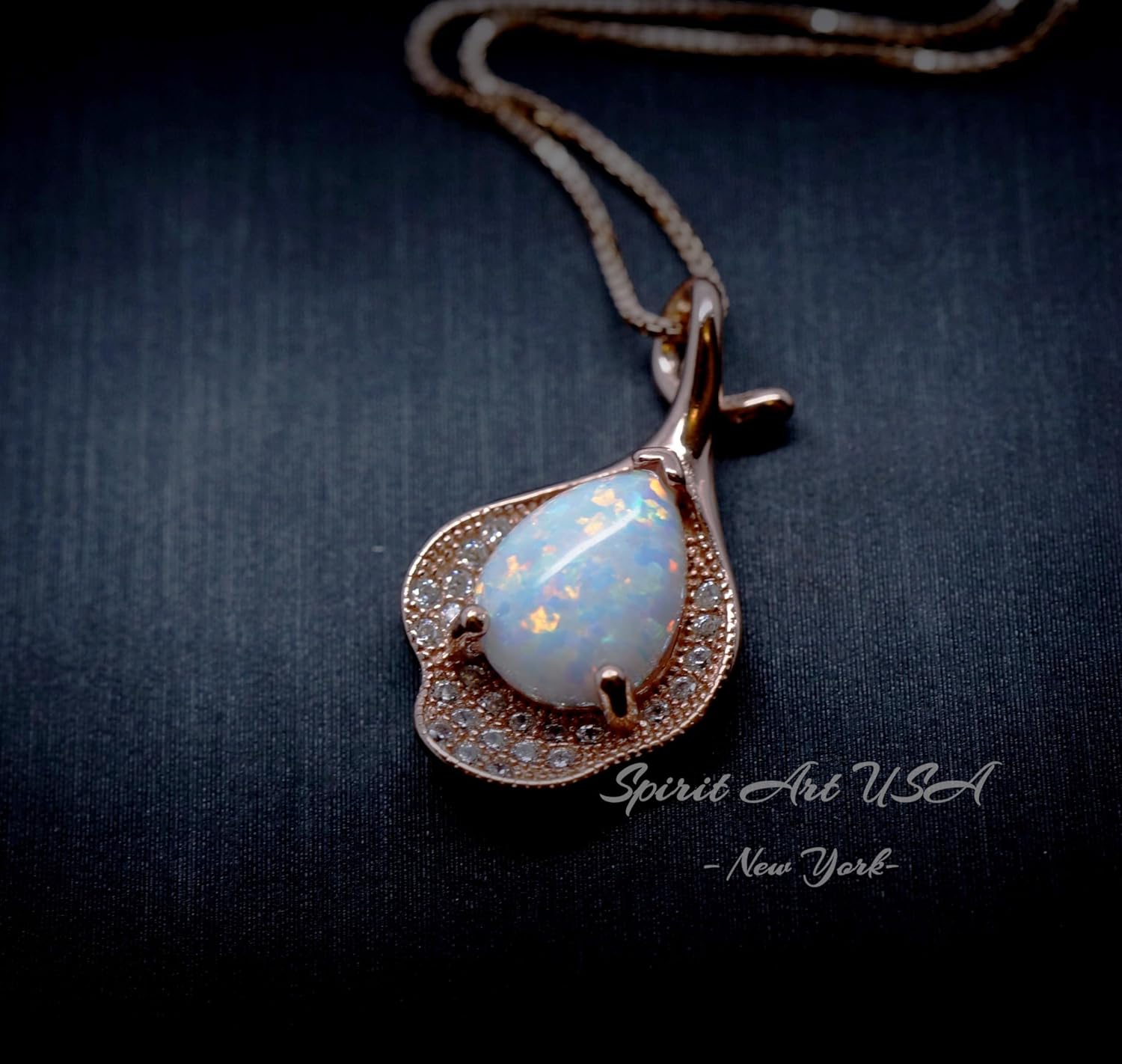 Fire Opal Necklace - Rose gold @ Sterling Silver Teardrop Opal Pendant Simple Petal Flower Pendant - Image 7