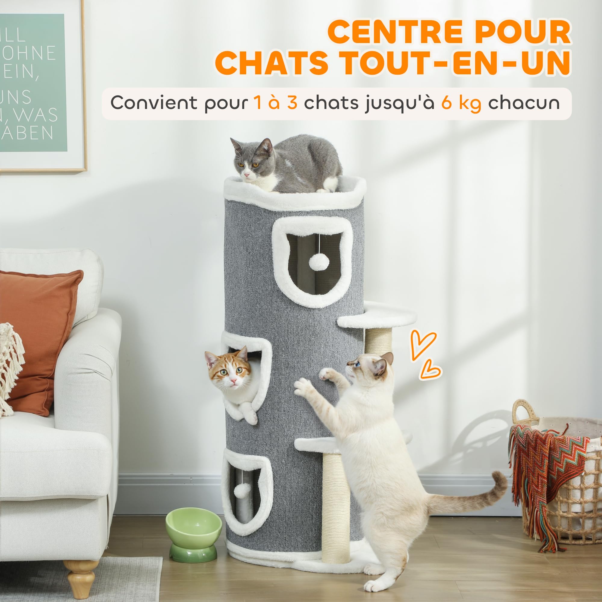 PawHut Tour pour Chat à 4 Niveaux, 101cm, Arbre à Chat Stable avec griffoirs en sisal et Bord en Peluche, 2 Plateformes, lit supérieur, pour Petits et Grands Chats, Parfait pour Griffes & Jeu, Gris