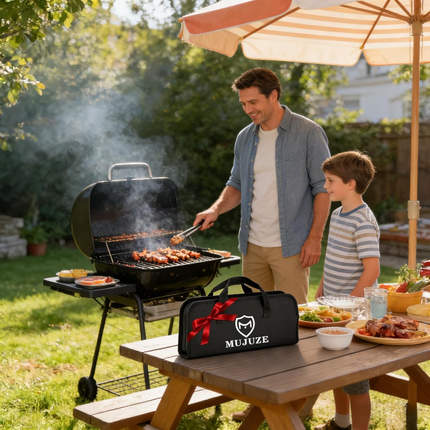 MUJUZE Grilling Accessories,Grill Utensils Set for Outdoor,Barbecue Tool Sets for Men,BBQ Accessories with Apron for Dad,Grill Tool Set,Grill Kit for Camping,Backyard