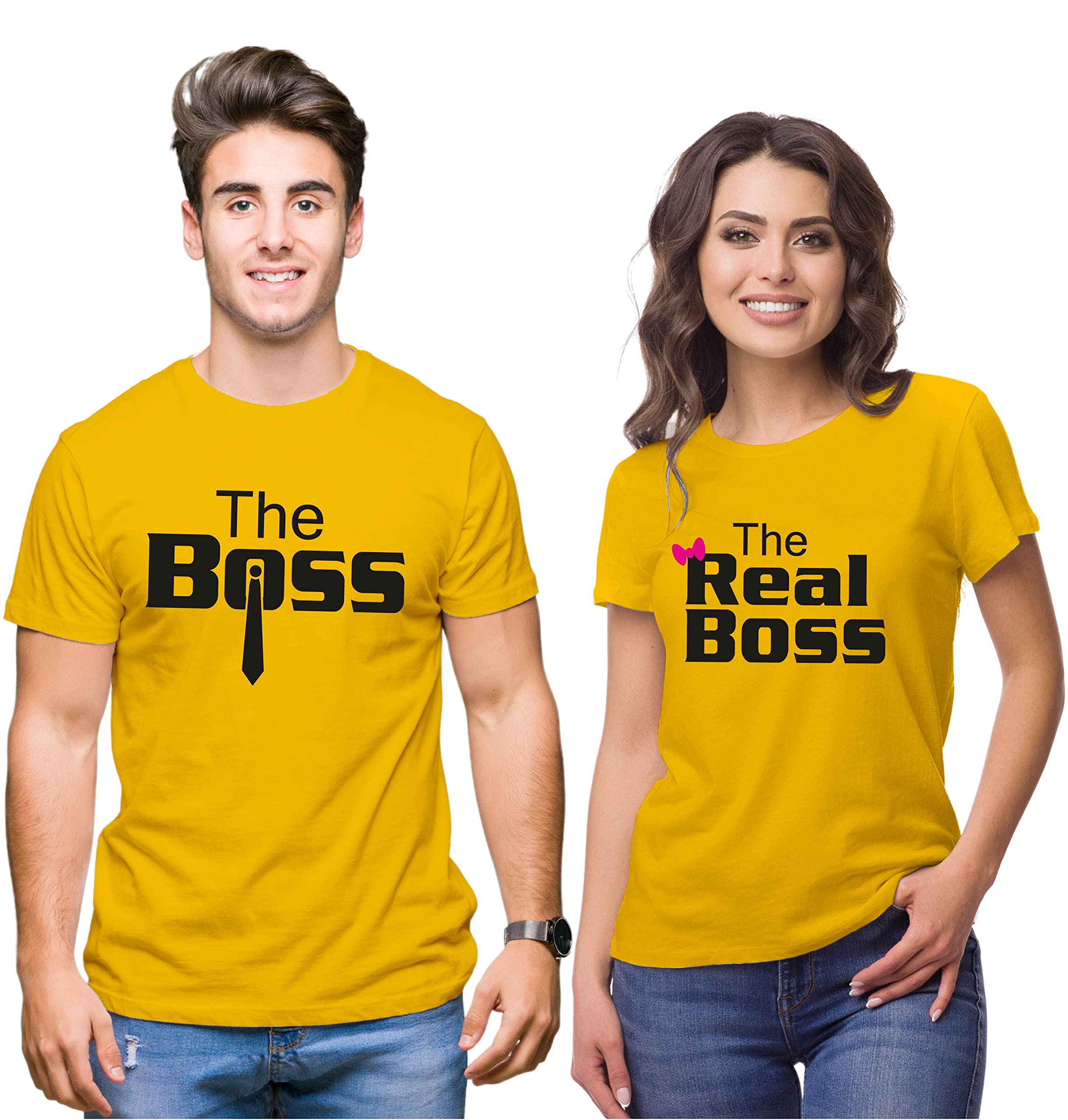 hangout hub Hangout-Hub024$P Couple Tshirts for Couples | Printed The Boss The Real Boss T-Shirts | Men's and Women's Round Neck T-Shirt (Pack of 2, Cotton, Half Sleeves)-picture-28