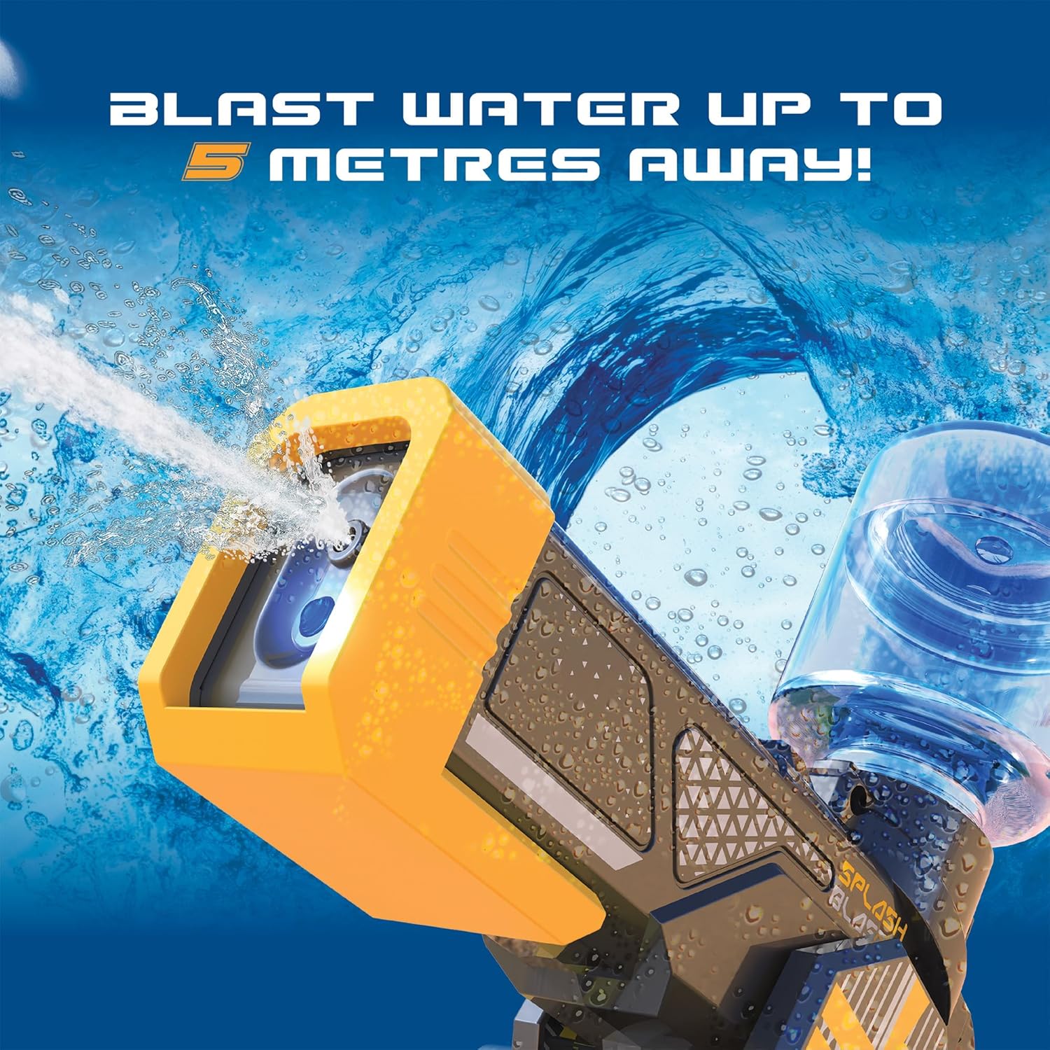Close-up of the Exost Hydro Blast water gun firing a stream of water, with text 'BLAST WATER UP TO 5 METRES AWAY!'