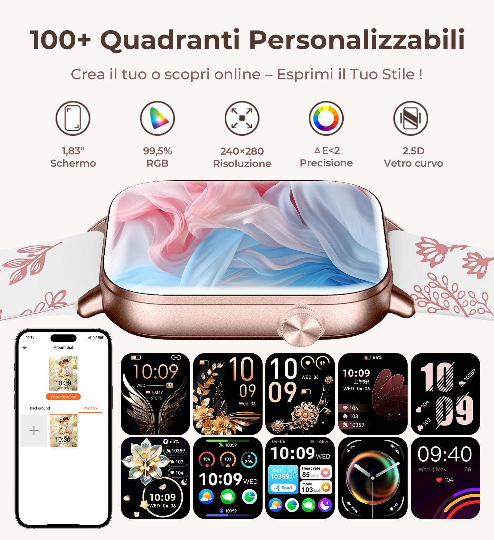 Iaret Smartwatch Donna, 4 Cinturini & Collana Regalo, 1.83" Orologio Chiamate HD, 110+ Sport Fitness Tracker, Monitoraggio Sonno/Frequenza Cardiaca/Ciclo/Contapassi, per iPhone/Android, Oro Rosa