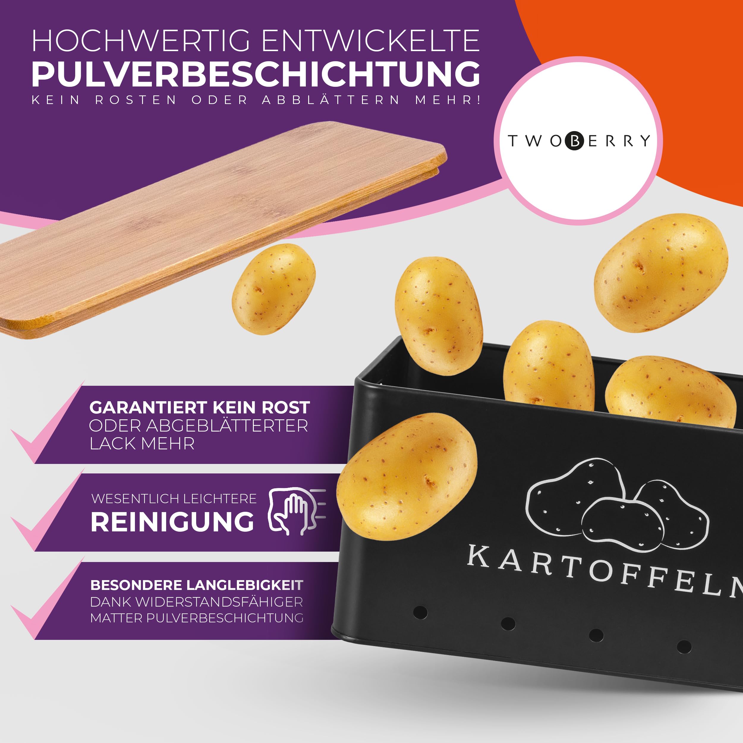 TWOBERRY Kartoffel Aufbewahrungsbox (3er Set) inkl. Sparschäler- längere Haltbarkeit durch Luftzirkulation-ideale Zwiebel Aufbewahrung Kartoffel Aufbewahrung Eckig (Schwarz)