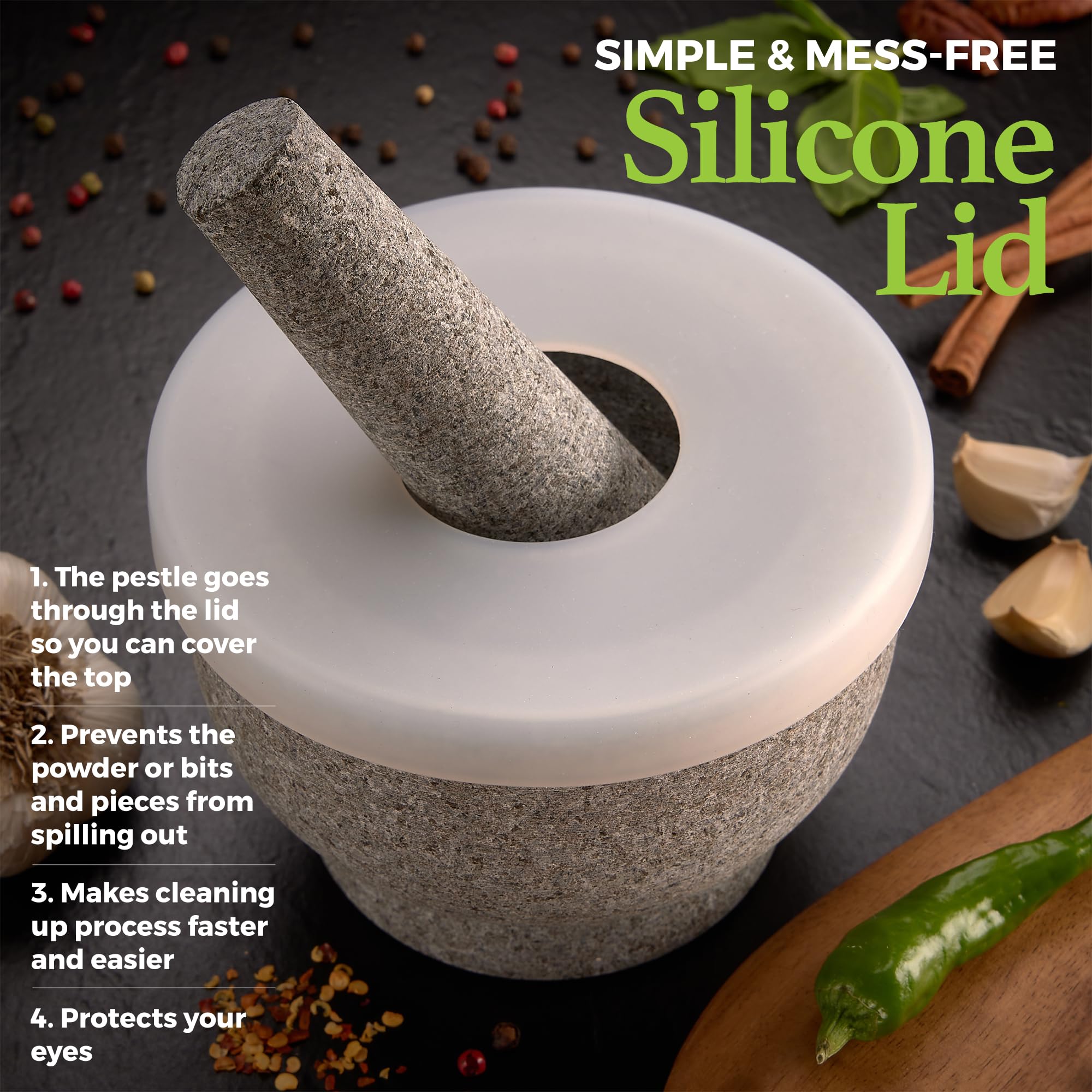 Image secondaire de Mortier et pilon en granit 15,2 cm avec couvercle en silicone