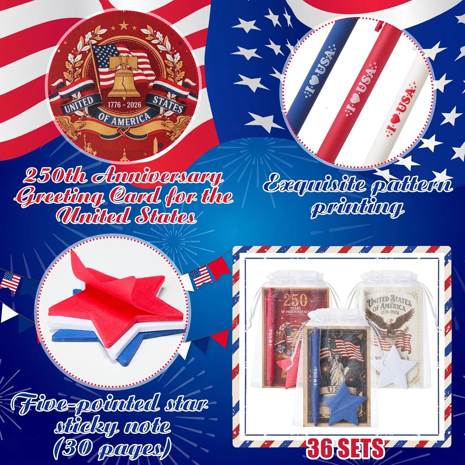 36 Set Memorial Day 250th Anniversary Appreciation Gifts Bulk Independence Day Team Gift Ballpoint Pen, 4th of July Sticky Notes, Greeting Card for Army Veterans Patriotic Party Thank You Gifts
