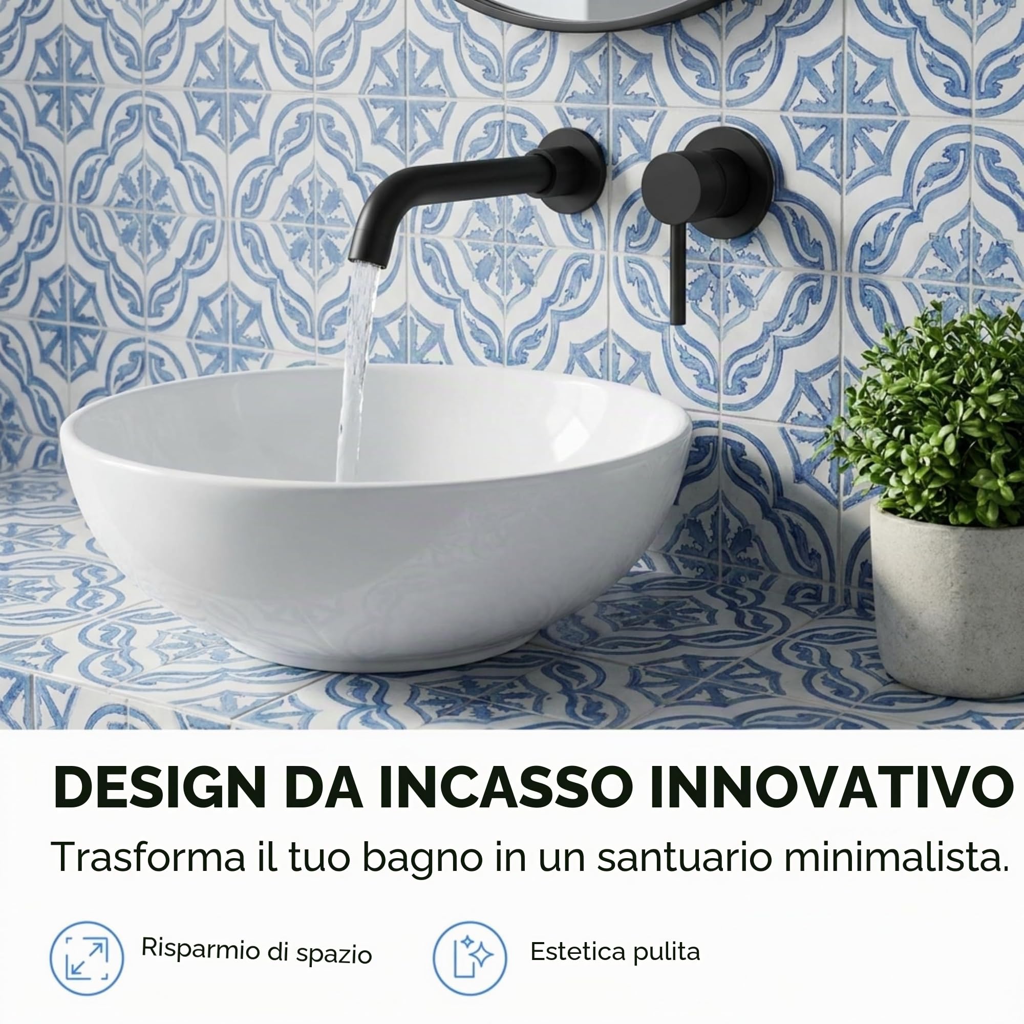 VALAZ Rubinetto Bagno Lavabo a Muro Nero Opaco | Miscelatore Lavabo Bagno Acqua Fredda e Calda, Risparmio Acqua | Installazione Facile | Ottone, Inossidabile, Elegante, Becco 21cm, Serie Guadiana