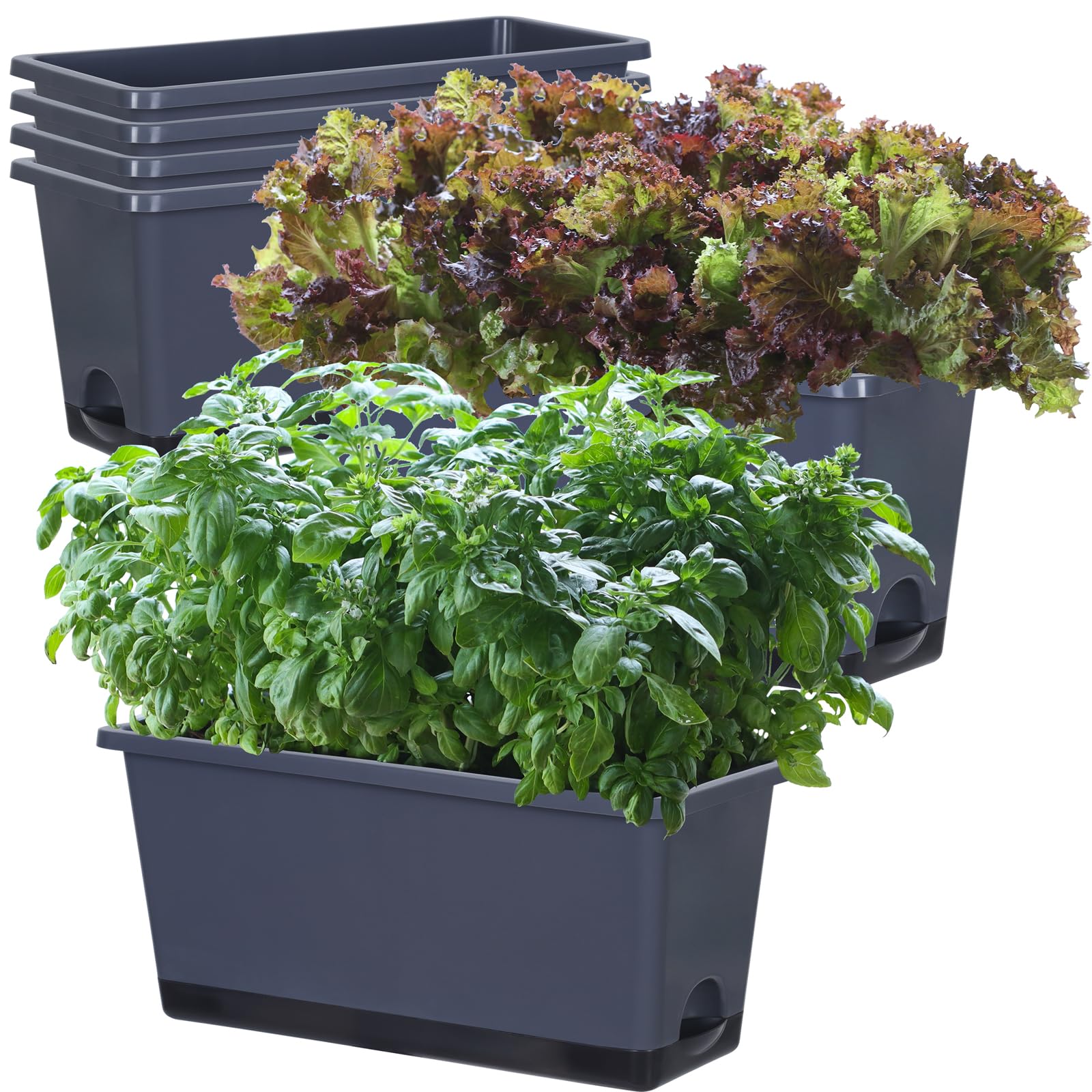 Window Box Planter 6 Pcs, 17 Inches Rectangle Flower Pots with Drainage Holes and Trays, Vegetable Planters for Windowsill Patio Garden Balcony Home Porch Yard Indoor Outdoor (Grey, 17*7.4*7.8 inch)