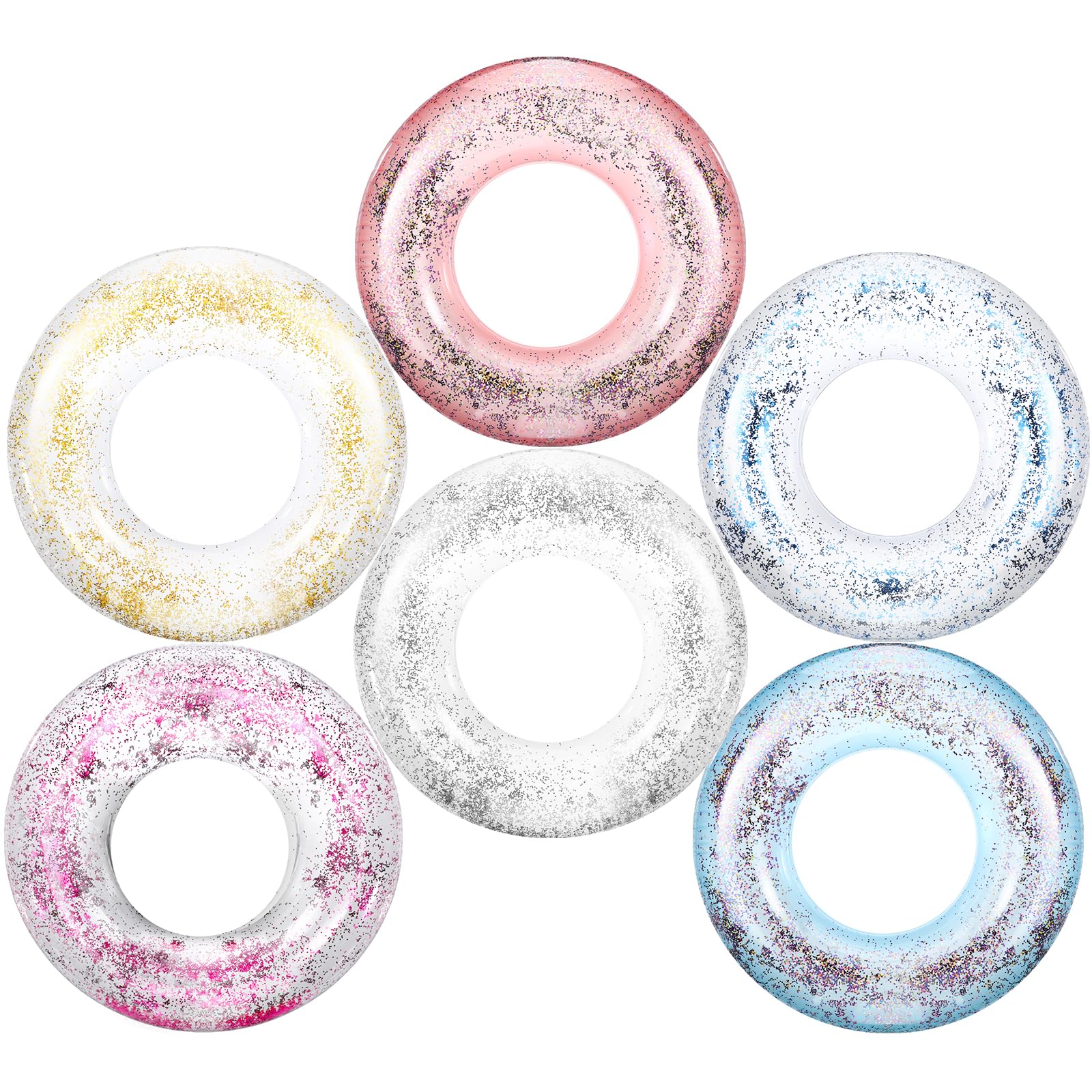 6 Pcs Glitter Pool Floats Inflatable Pool Tube Transparent Swimming Ring Bachelorette Party Floatie Colorful Disco Inner Tube for Adults, Bride Wedding Engagement Beach Party Favors