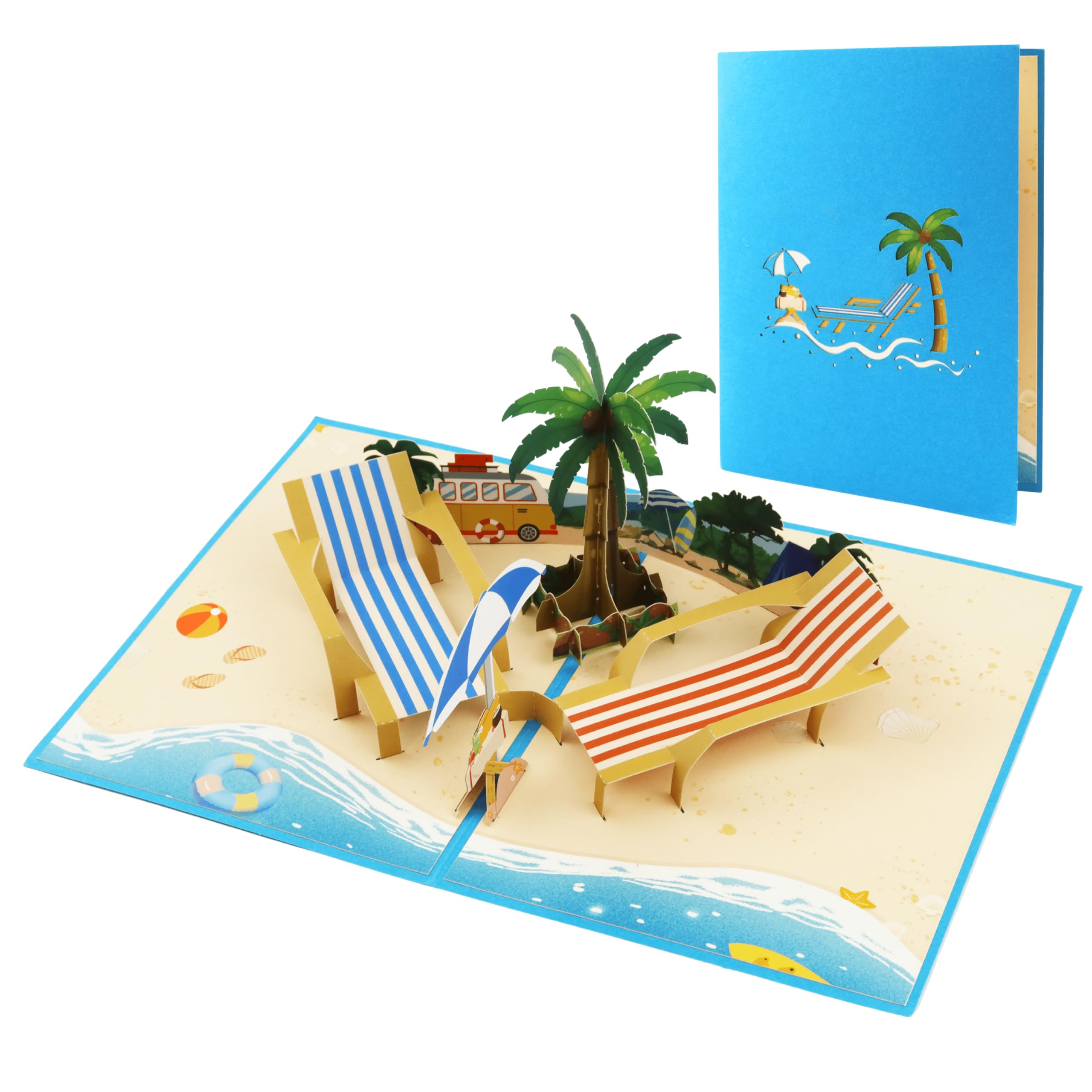Kartka pop-up plaża – leżaki 3D i palma | idealna kartka na lato i urlop na urodziny | w zestawie koperta