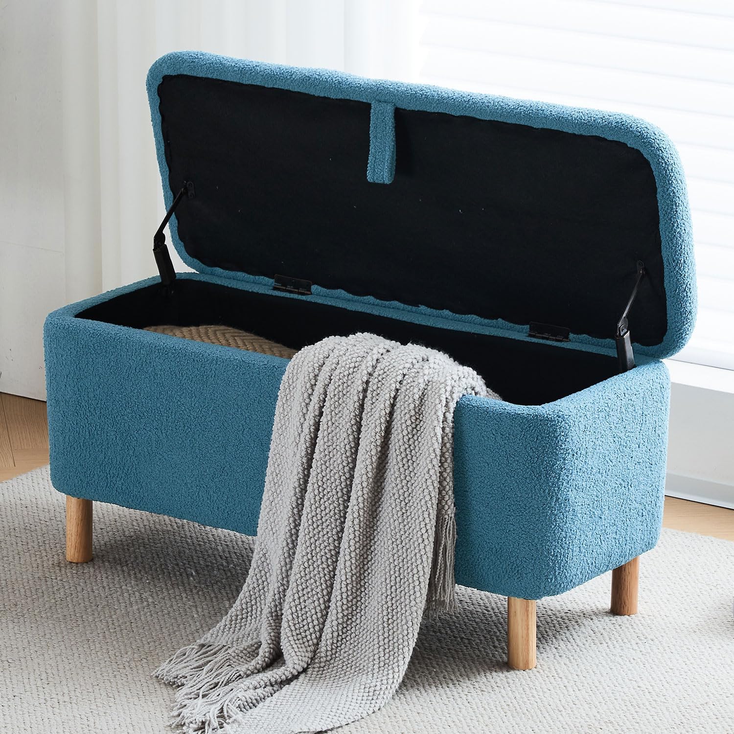 Storage Bench Bedroom Bench Sherpa Ottoman Storage Entryway for Living Room Rectangular Boucle Foot Rest Stool Padded Seat (39.5",Light Blue)