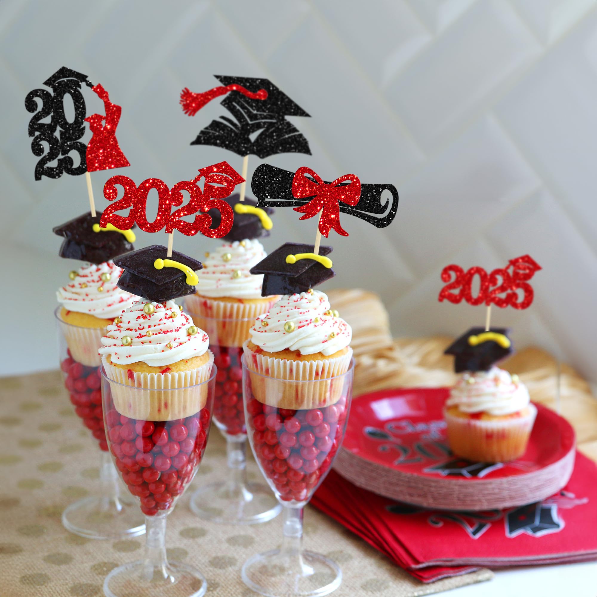 Gyufise 36Pcs 2026 Graduation Theme Cupcake Toppers Glitter Class of 2026 Cupcake Picks Diploma Graduation Cap Cake Decorations for 2026 Graduation Theme Party Decorations Supplies Red - Image 4