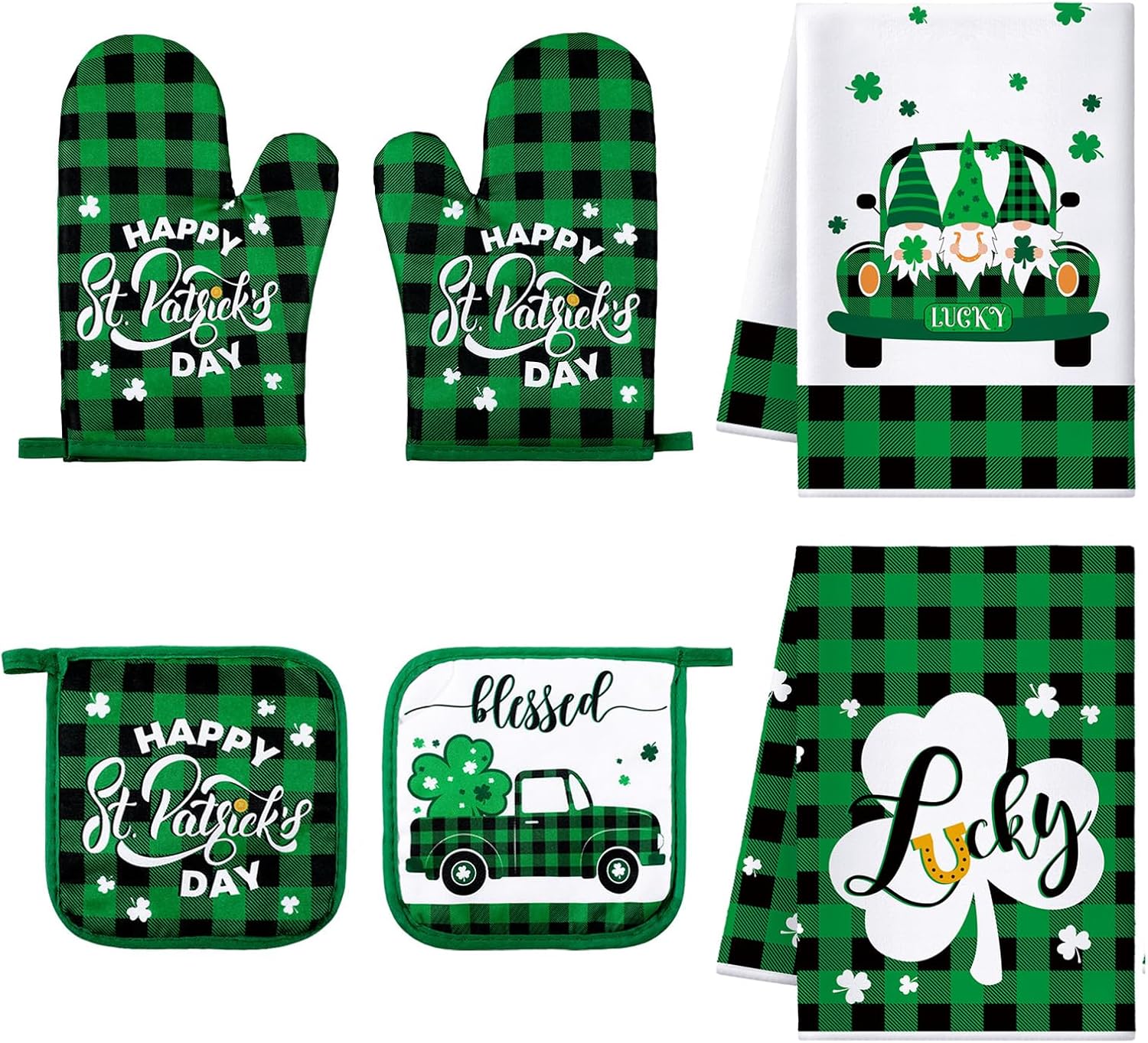 Bencailor 6 Pcs St. Patrick's Day Kitchen Decor Set Kitchen Towels Oven Mitts Pot Holder Irish Shamrocks Leprechauns Gnome Lucky Party Gifts Decorations for Home Housewarming