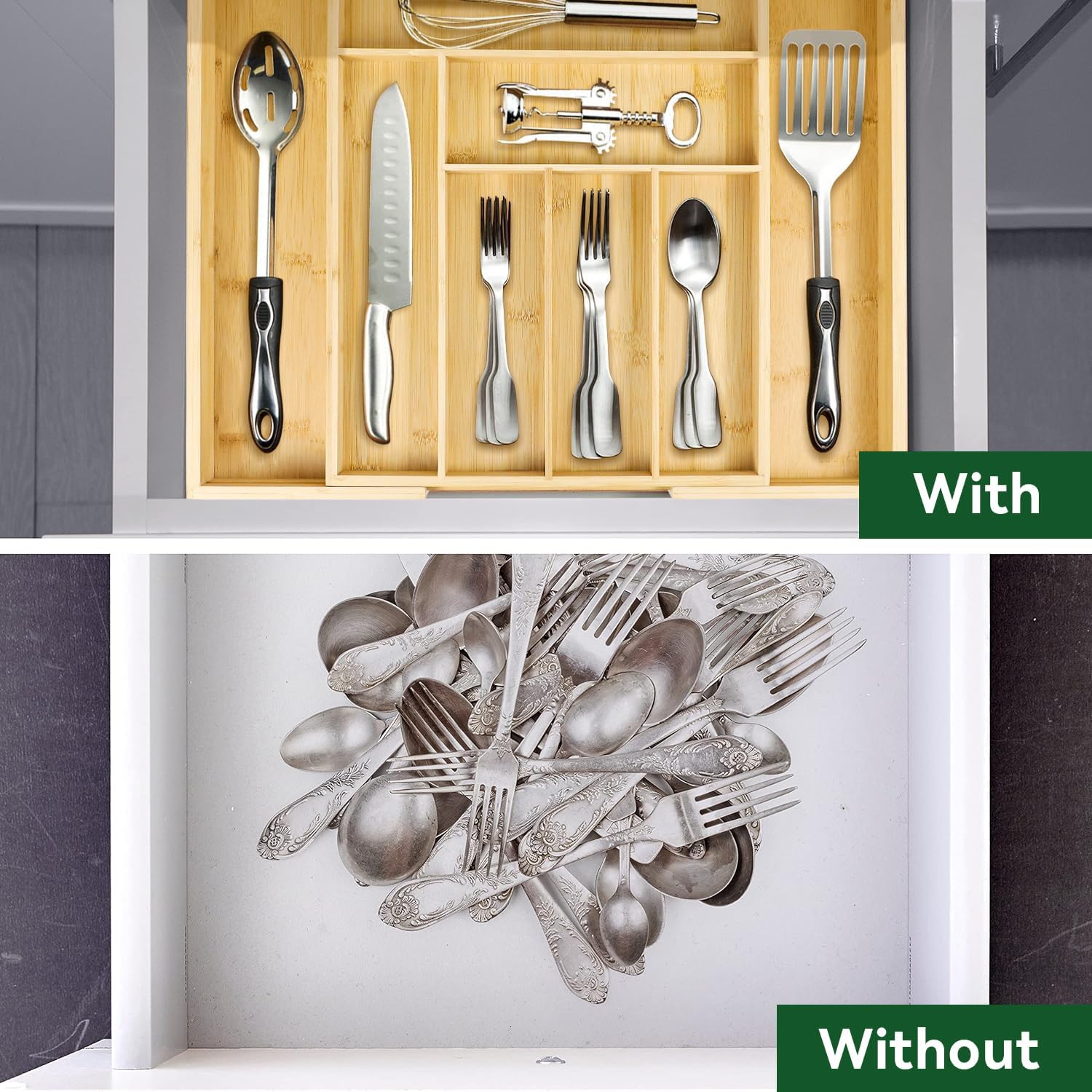 Bamboo Kitchen Drawer Organizer for Utensils Holder, Cutlery Tray and Silverware Organizer, Drawer Dividers Organizer for Silverware, Flatware, Knives in Kitchen (Natural, Large)