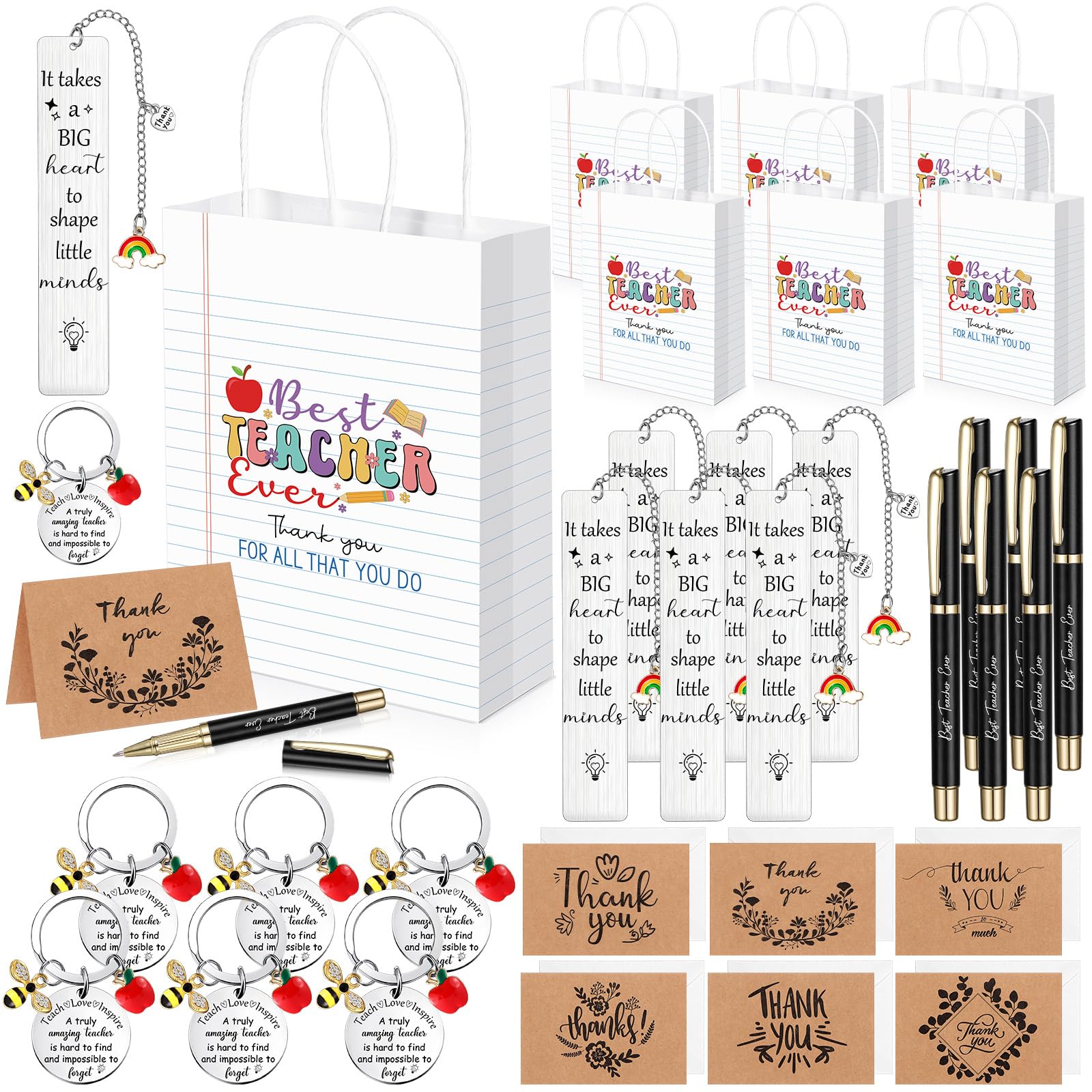 Clabby 30 Pieces 6 Sets Thank You Teacher Gifts, Include 6 Teacher Gift Bags 6 Keyring 6 Rainbow Bookmarks 6 Kraft Paper Folding Thank You Cards with Envelope for Christmas Birthday Graduation