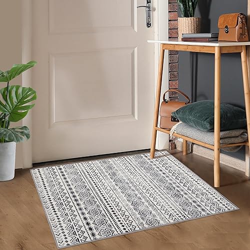 Miniatura 7 de GlowSol Alfombra lavable de 2 x 3 pies, suave, envejecida, pequeña, antideslizante, gris, alfombra bohemia, alfombra de acento marroquí, alfombra