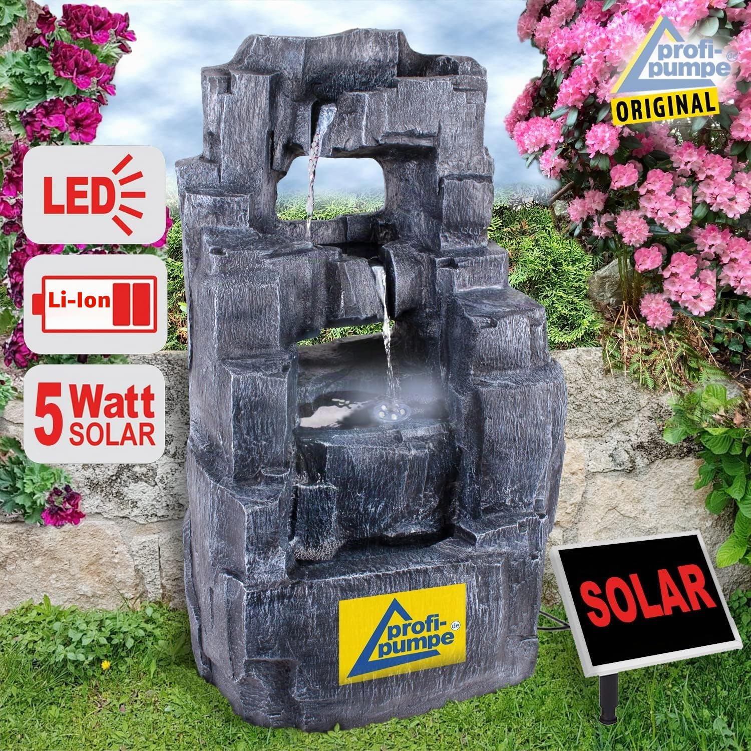 AMUR Fontaine de Jardin Solaire Design Autonome avec Batterie Li-ION et Lumière LED pour Votre Terrasse, Balcon - Ambiance Zen (Fontaine Solaire Cascade)