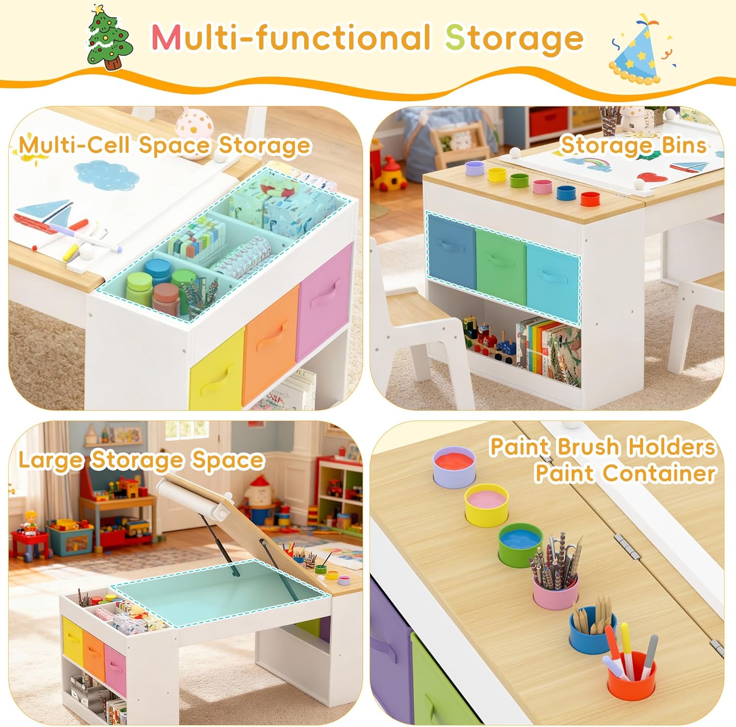 Kids Art Table and 2 Chairs Set, Wooden Craft Desk with 2 Storage Shelves, 6 Storage Bins & Paper Roll for Drawing, Learning and Reading, Toddler Activity Play Desk for Home, 47 L x23 W