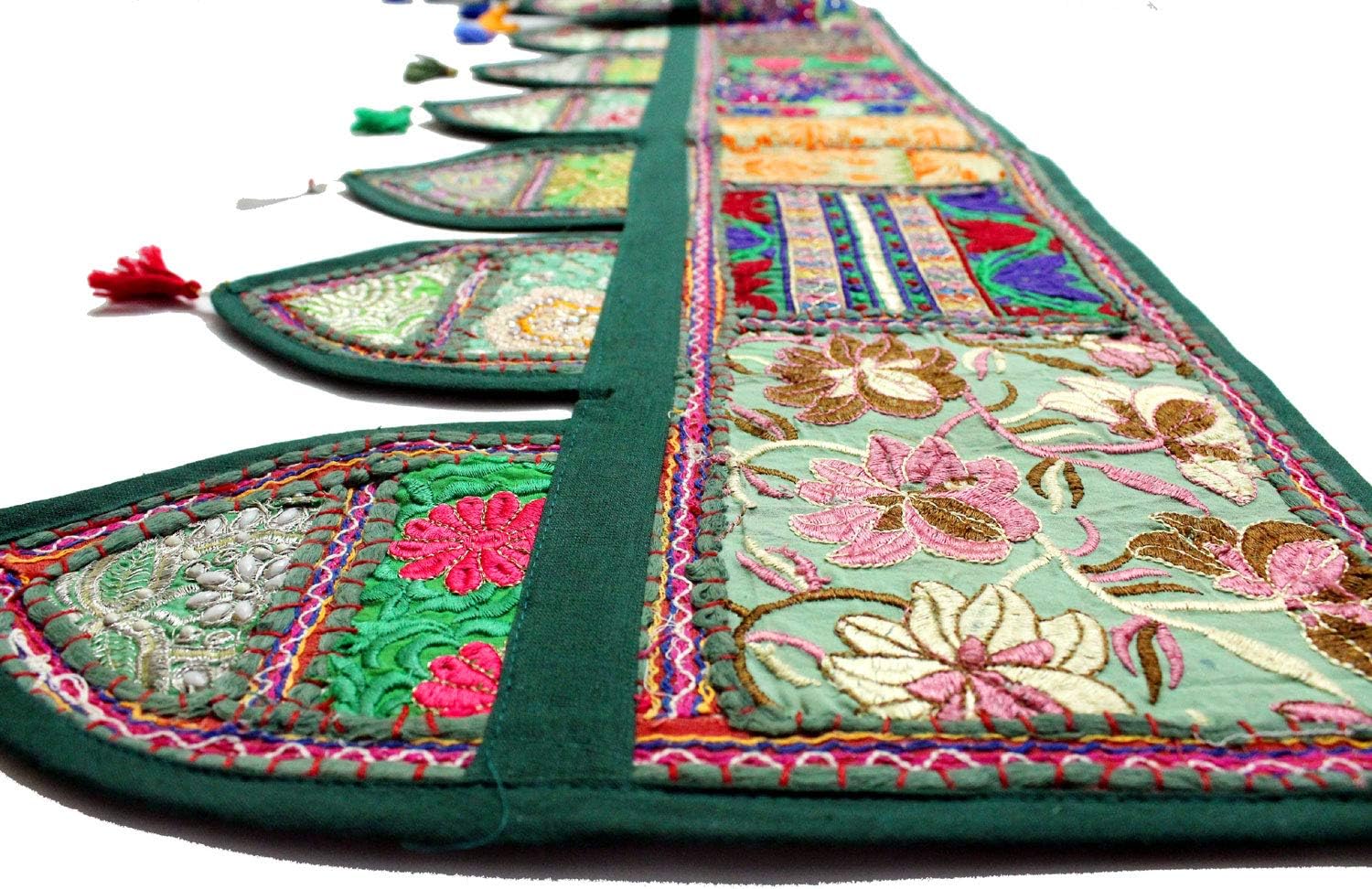 Christmas Decorative- ''80'' Cotton Ethnic Wall Hanging Wall Art Vintage Patchwork Door Valances Window Valances Hand Embroidered Patchwork Toran Boho Bohemian Decor Living Room Decor (Green)