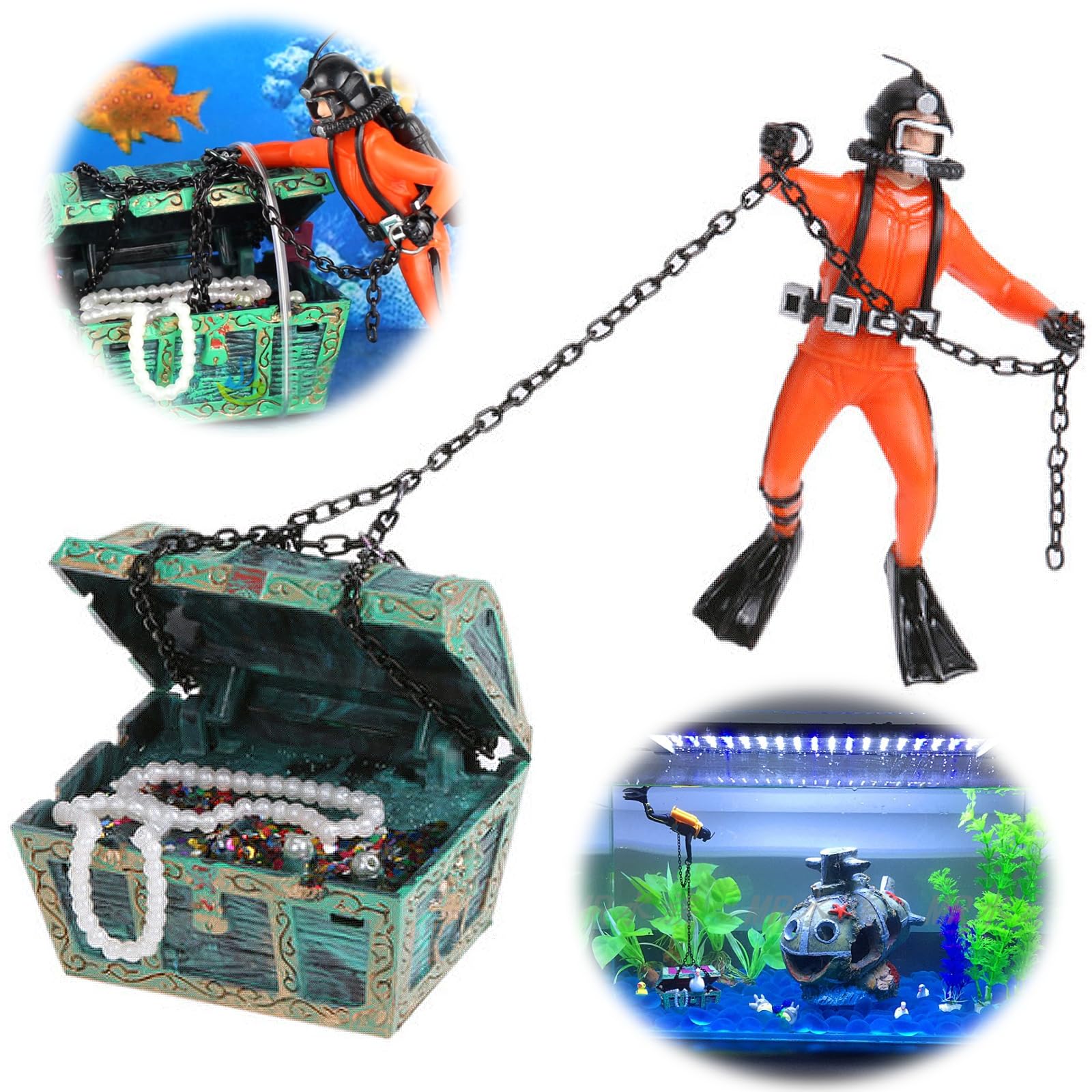 inherited Acuario Cofre del Tesoro, Buceo Pez Tank Ornament Decoration, Ornamental de pecera Hunter Diver Treasure Figura acción Acuario Paisaje Divertidos Accesorios Decorativos para acuarios