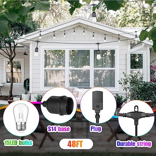 Miniatura 6 de Cadena de luces RGB para exteriores de 48 pies con control remoto, cadena LED para café con 15+2 bombillas, regulable, luz comercial para patio