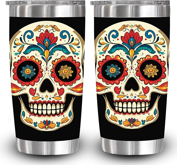 1pc 20oz Day of the Dead Sugar Skull Tumbler with lid, Stainless Steel Vacuum Insulated Double Wall Travel Cup for Men Women, Mother Day, and birthday gifts