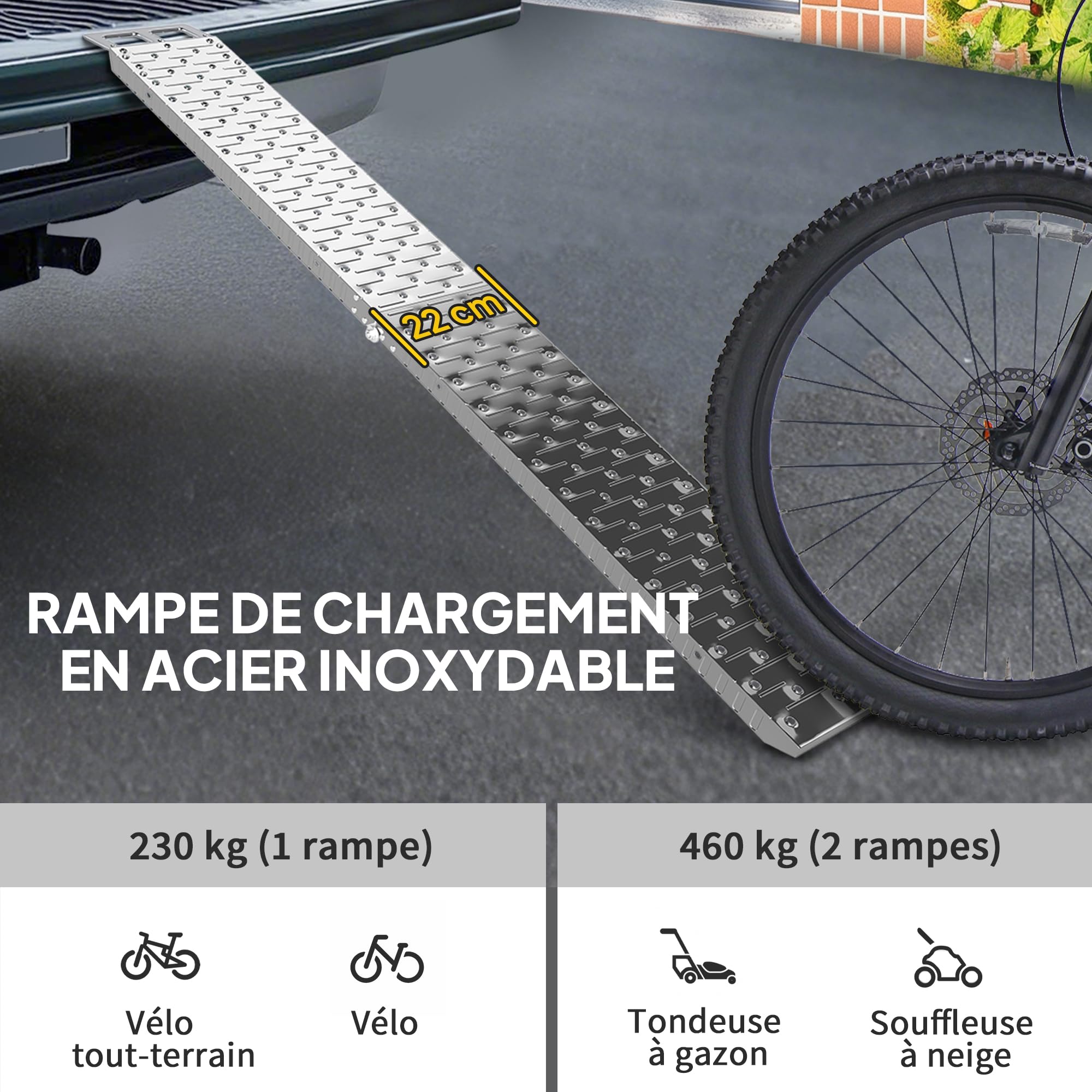 HOMCOM Rampe de Chargement Pliable 230 kg, Rampe d'accès Motos antidérapante en Acier INOX. avec Sangles de sécurité, Plateforme de Chargement pour Motos, vélos et VTT, 190 x 22 x 8 cm, Argent