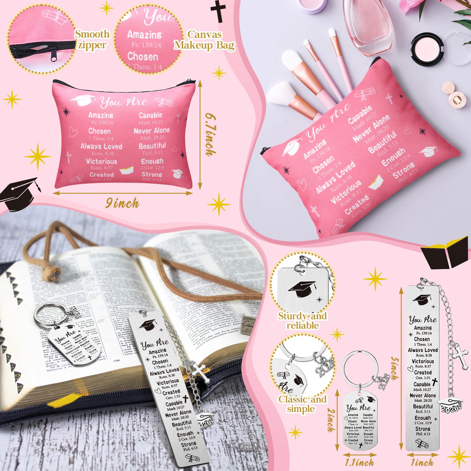 VitalCozy 5 Pcs 2026 Graduation Gifts for Her Inspirational Christian Class of 2026 Grad Gifts Set for Women College Middle High School(Pink)