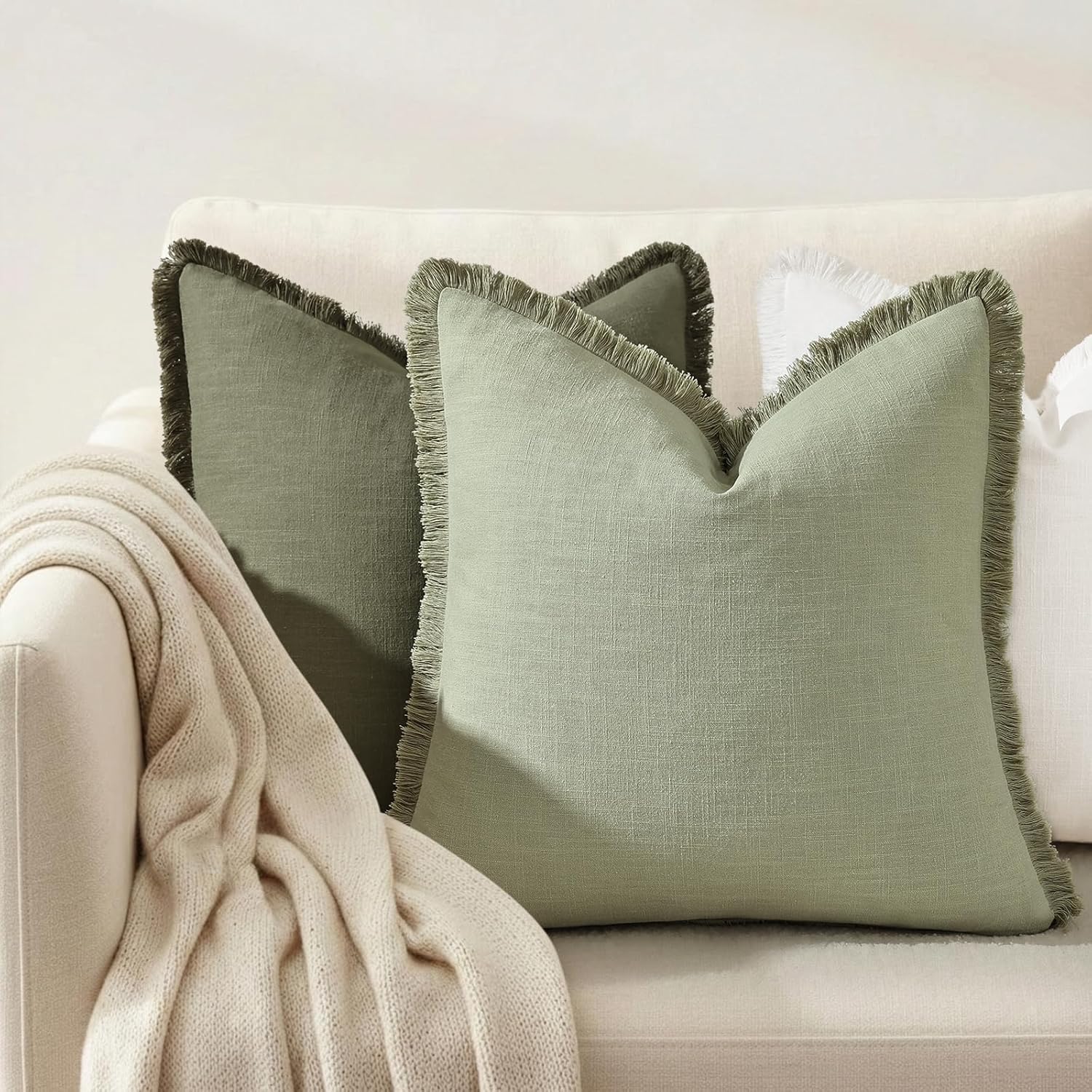 decorUhome Summer Decorative Neutral Linen Fringe Throw Pillow Covers Set of 2 Sage Green Pillow Covers with Tassels Soft Farmhouse Boho Accent Pillow Cases for Couch Bed Sofa 18x18 Inch