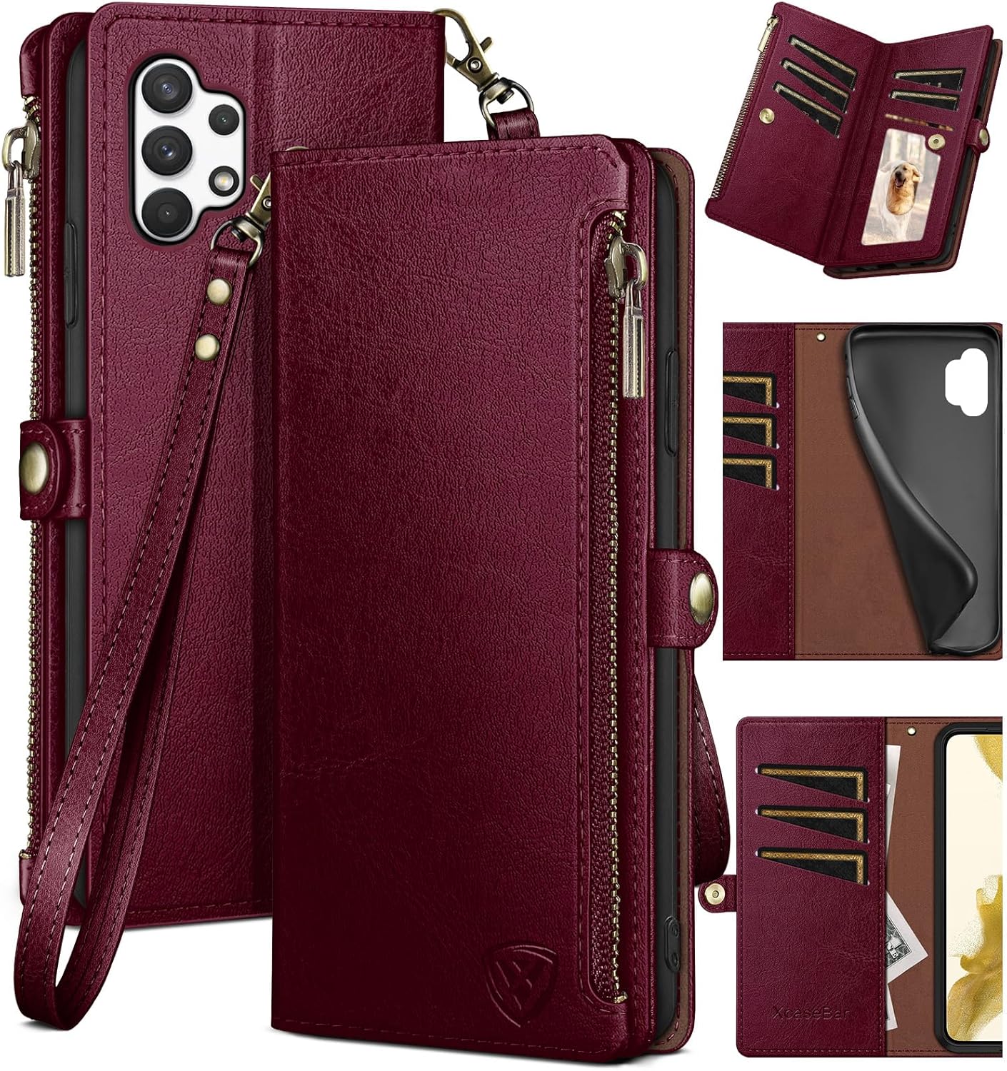 XcaseBar for Samsung Galaxy A32 5G Wallet case with Zipper Credit Card Holder【RFID Blocking】, Flip Folio Book PU Leather Phone case Shockproof Cover Women Men for A32 case Wine Red